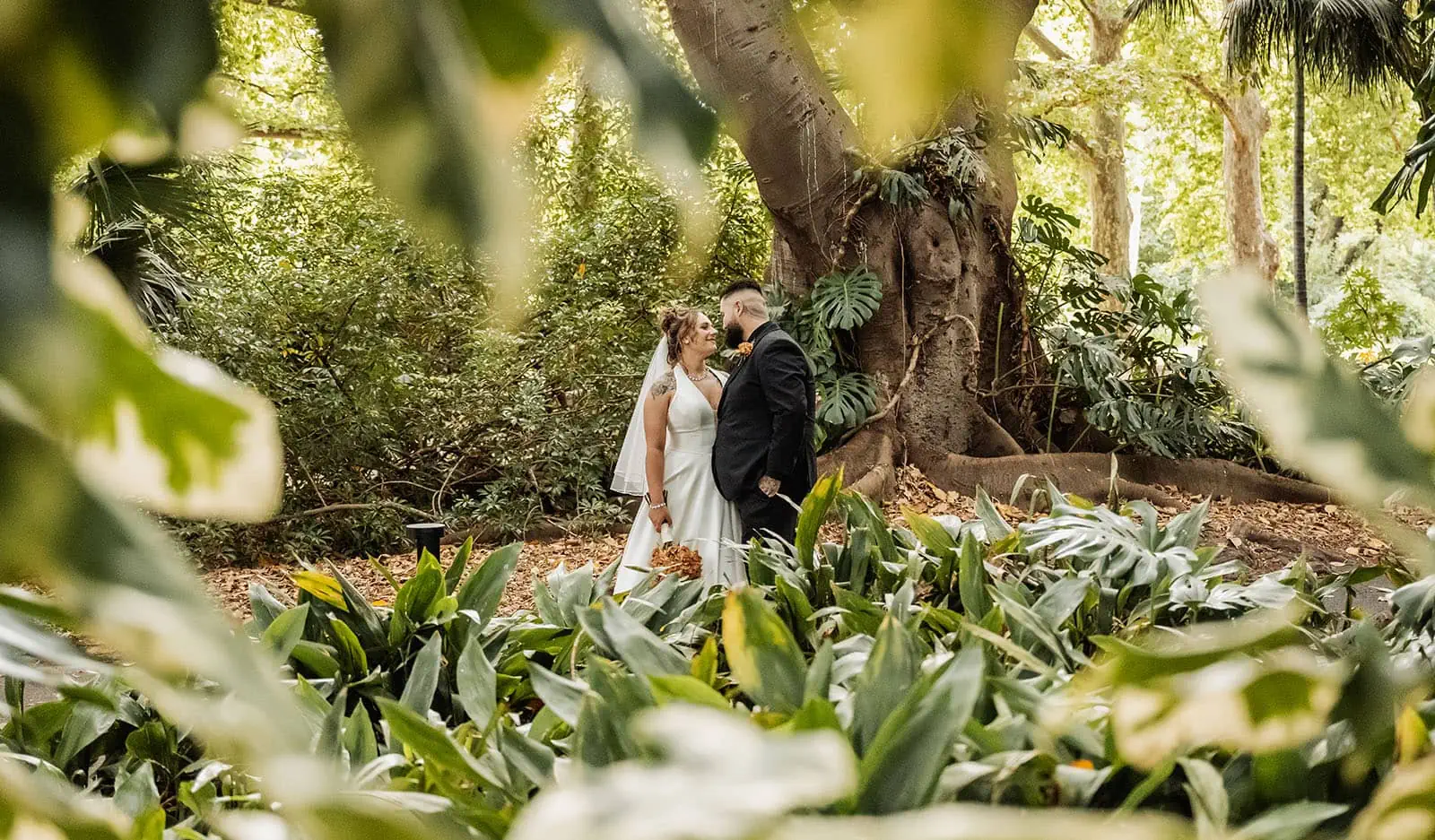 botanic gardens, araucaria avenue wedding - jade & hazim 53 Bride and groom sharing a tender moment in a secluded garden on their wedding day.