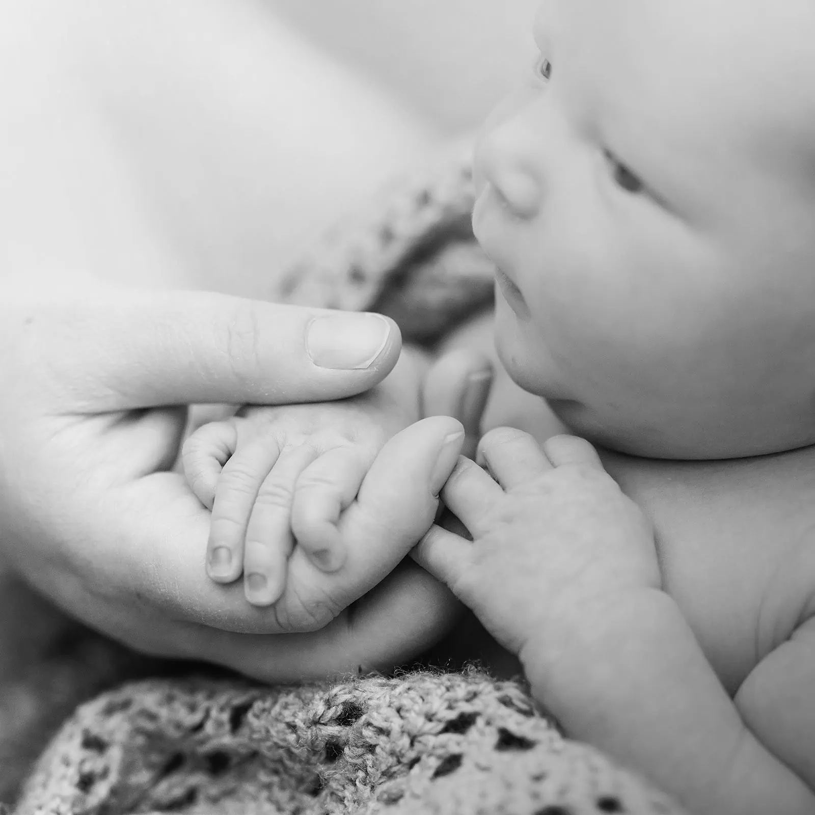 baby joshua's newborn photo shoot 43 Newborn baby holding caregivers finger in tender black and white moment.