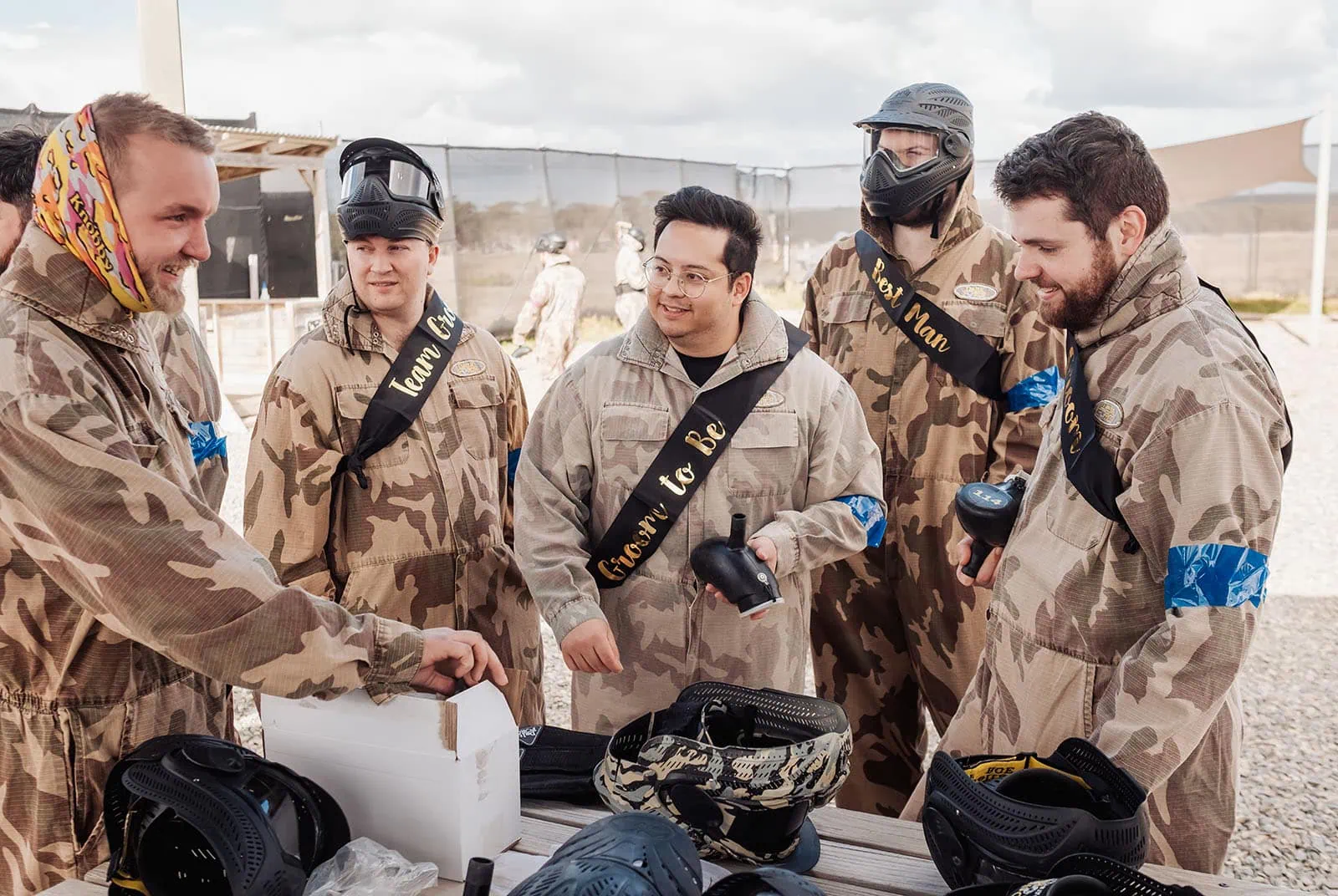 monarto delta force bucks vs hens paintball party 9 Bachelor party paintball game with groom and friends in camouflage jumpsuits.