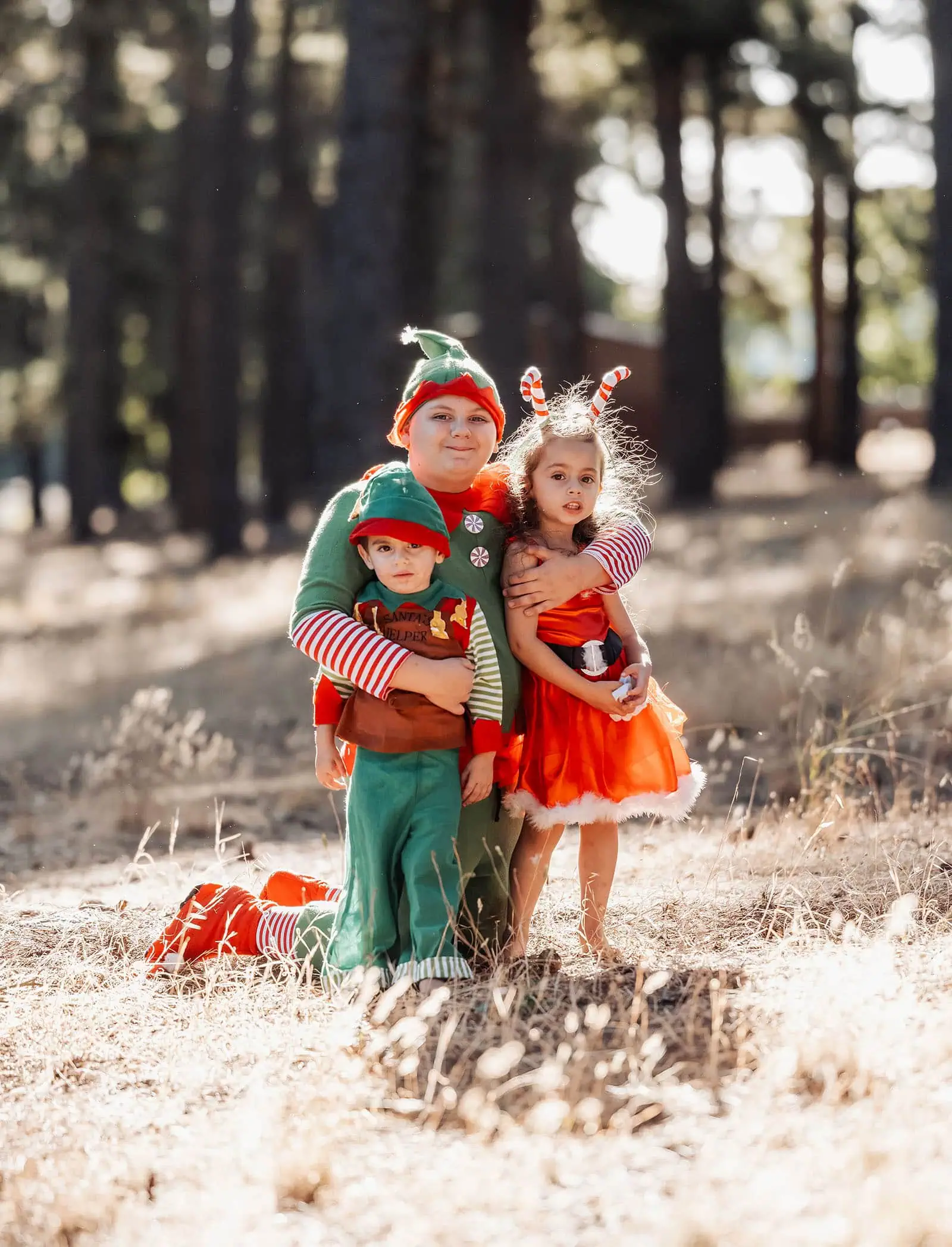 last minute father christmas photoshoot 43 Festive children in Christmas costumes enjoying a forest holiday scene.
