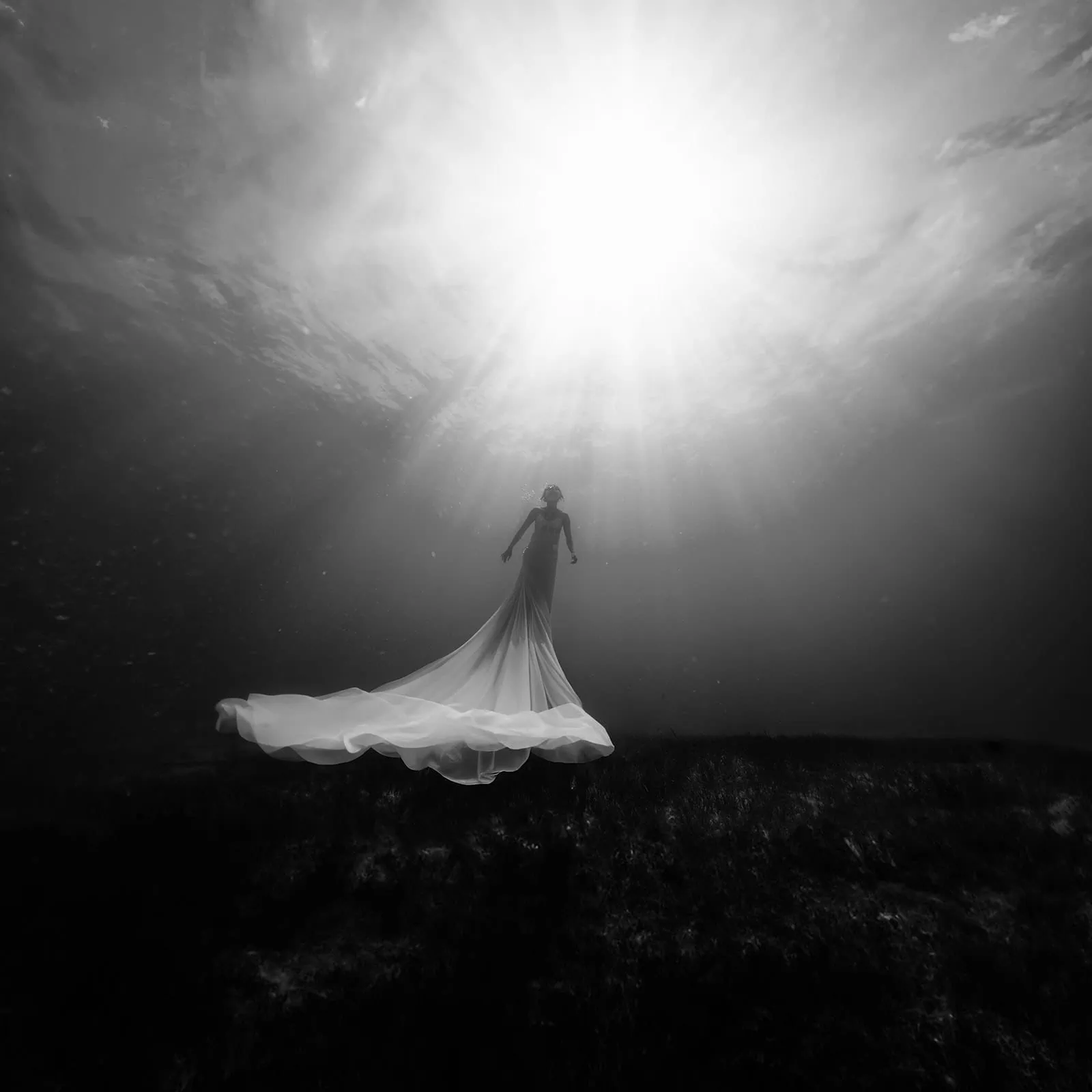 pt noarlunga underwater wreck the dress shoot - jess & jack 14 Silhouette underwater with billowing gown, illuminated by dramatic light rays in black and white.
