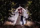 Romantic wedding couple embraces under glowing umbrella in a misty, ethereal forest at night.