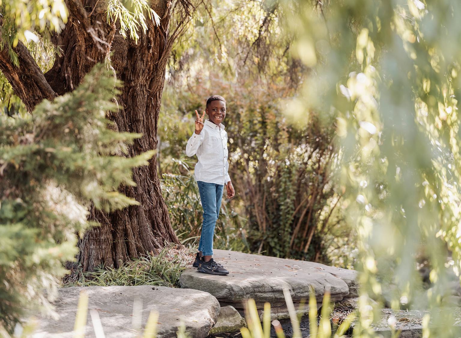 family photoshoot in veale gardens 2 Young boy smiling in lush green forest, standing on stone path, peaceful nature backdrop.