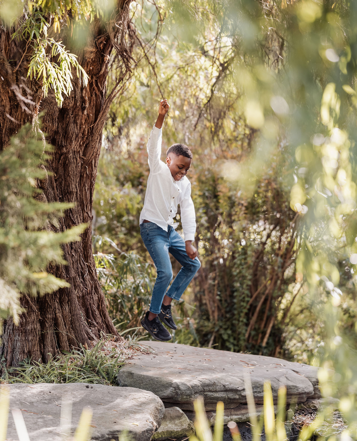 family photoshoot in veale gardens 3 Boy swinging joyfully from tree branch in lush green forest setting.