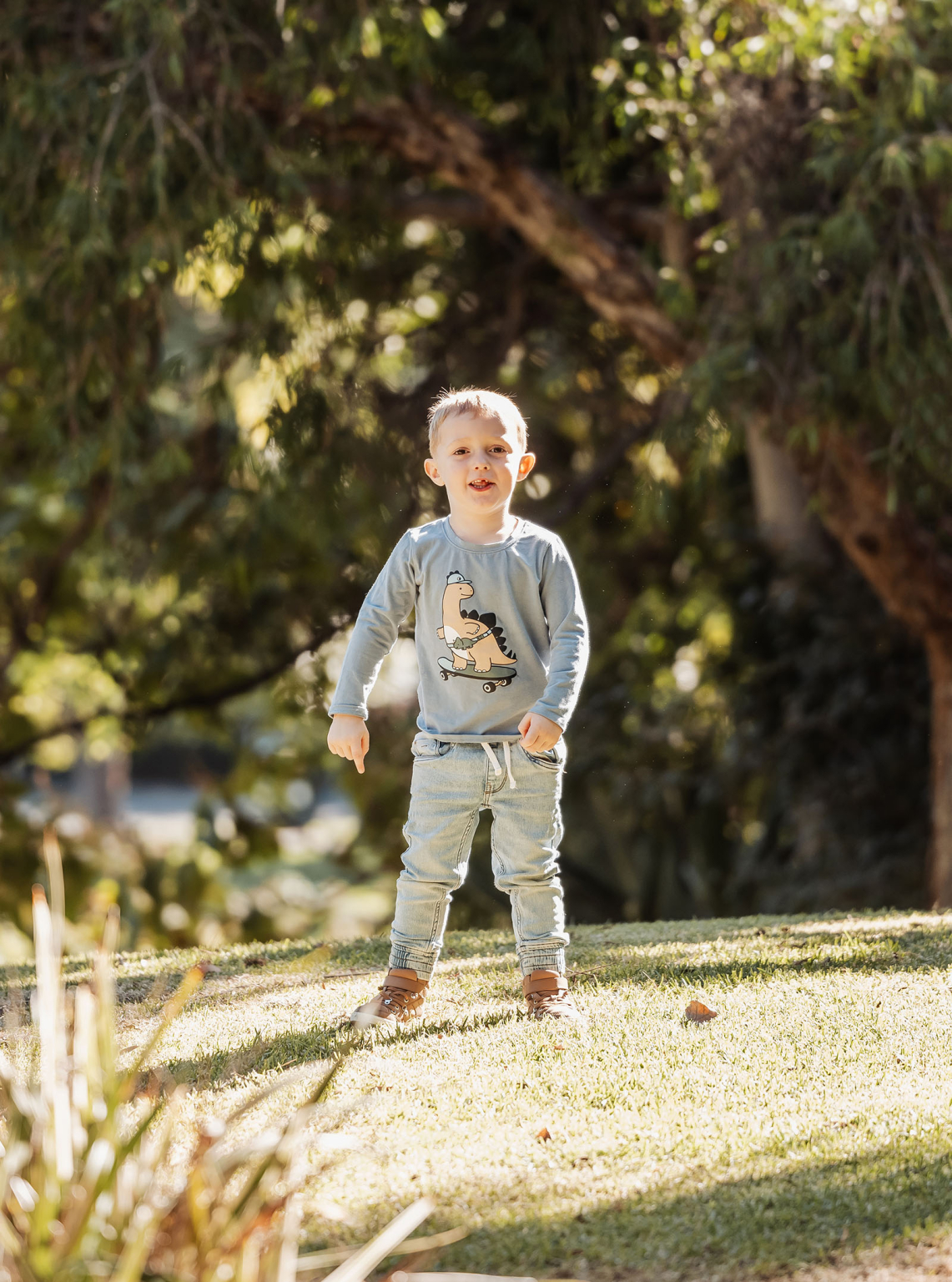 veale gardens family photography 111 Child playing in sunny park, wearing dinosaur shirt, surrounded by green grass and trees.