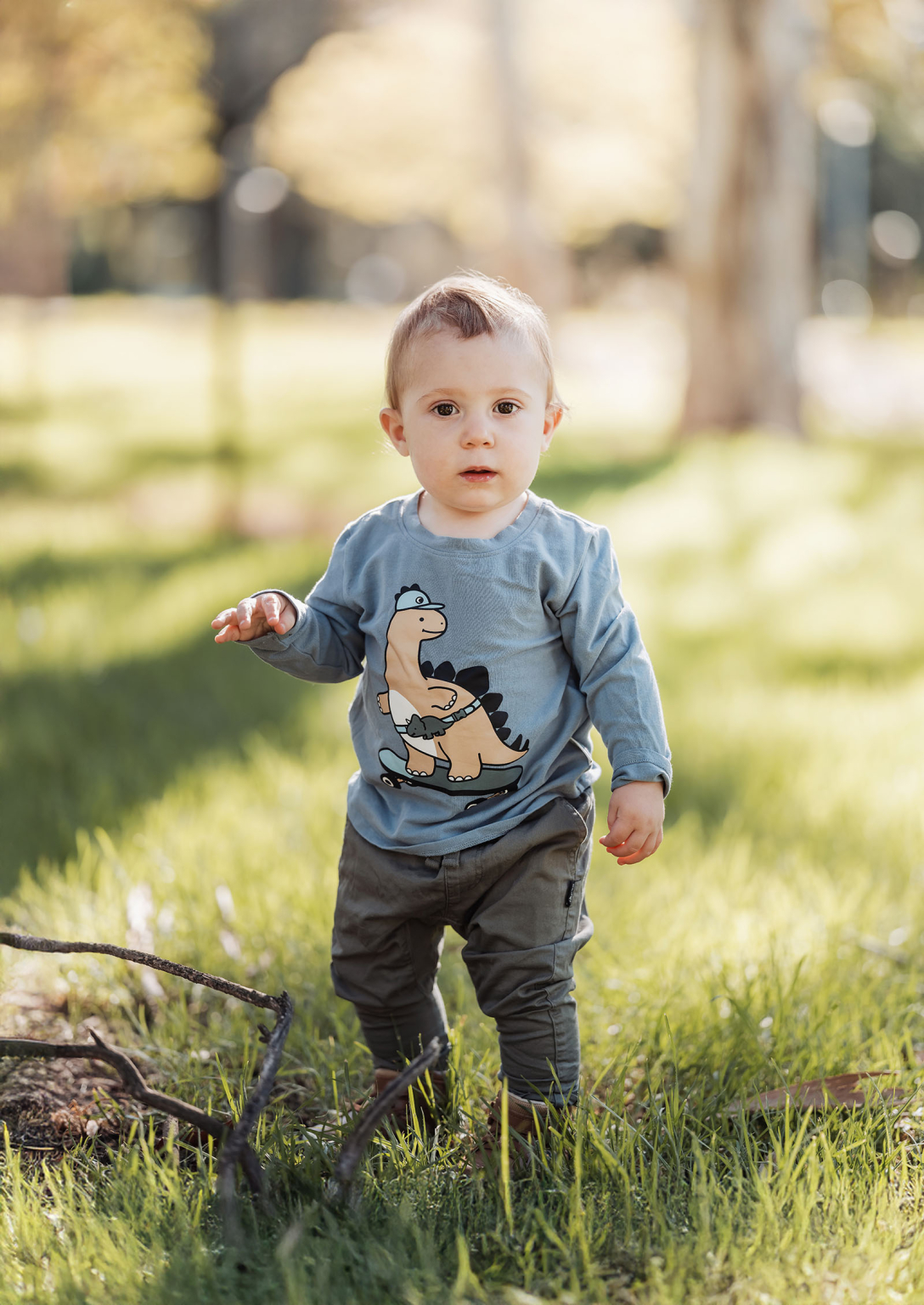 veale gardens family photography 99 Toddler exploring a sunny garden wearing dinosaur shirt, surrounded by green grass and blurred trees.