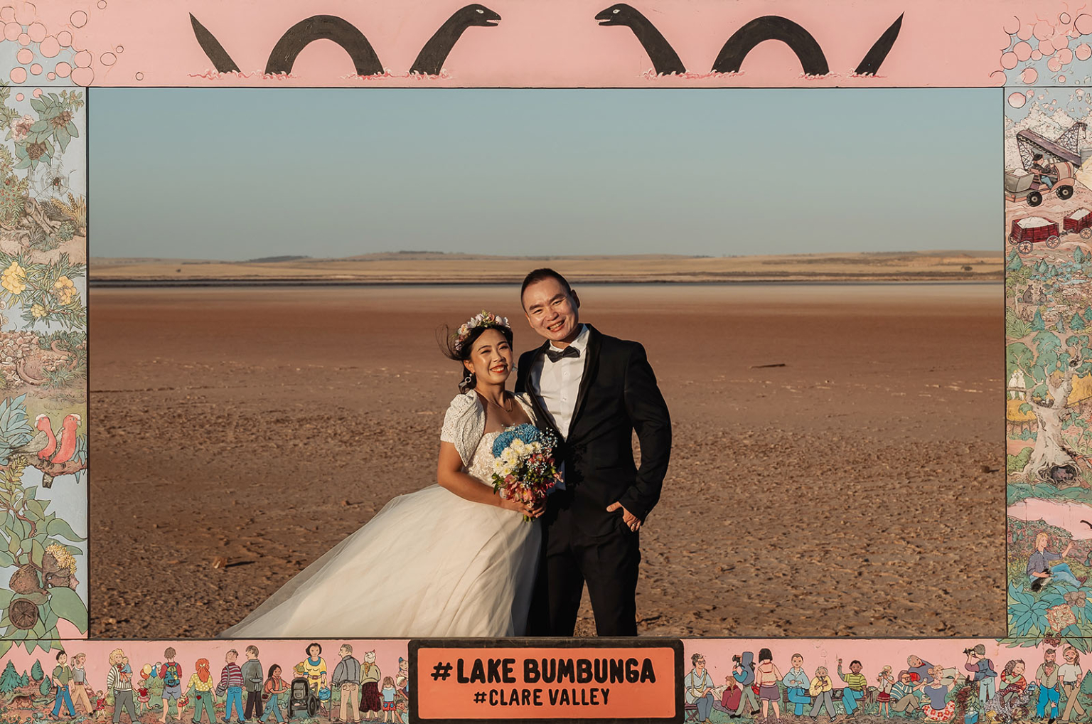 bumbunga lake photoshoot - tina & eric 83 Joyful wedding couple at Lake Bumbunga, Clare Valley, surrounded by vibrant artistic frame.