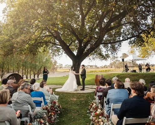 Outdoor wedding beneath a majestic tree with live music, floral decor, and vineyard backdrop.