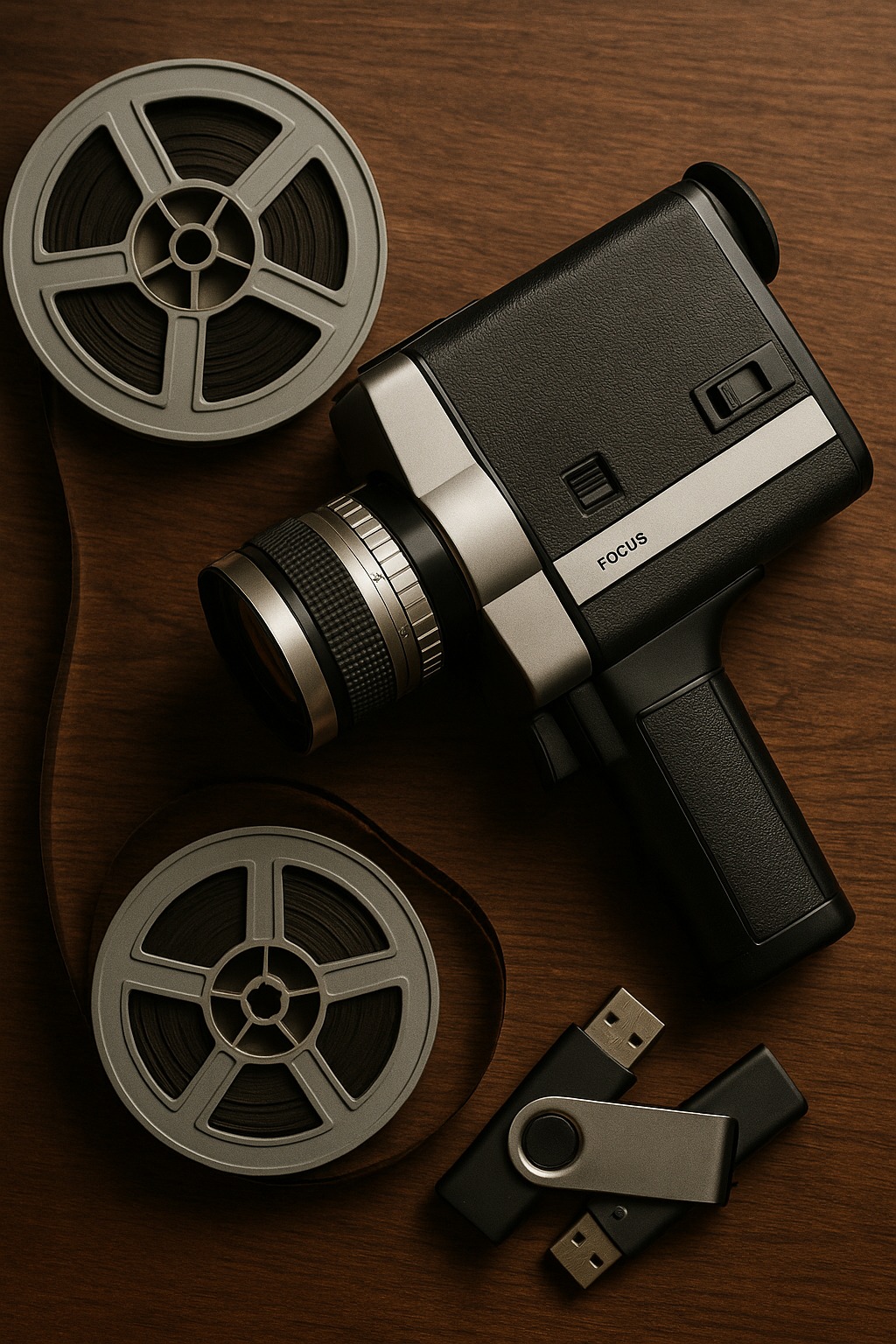 Vintage film camera, reels, USB drives symbolize analog to digital transition.