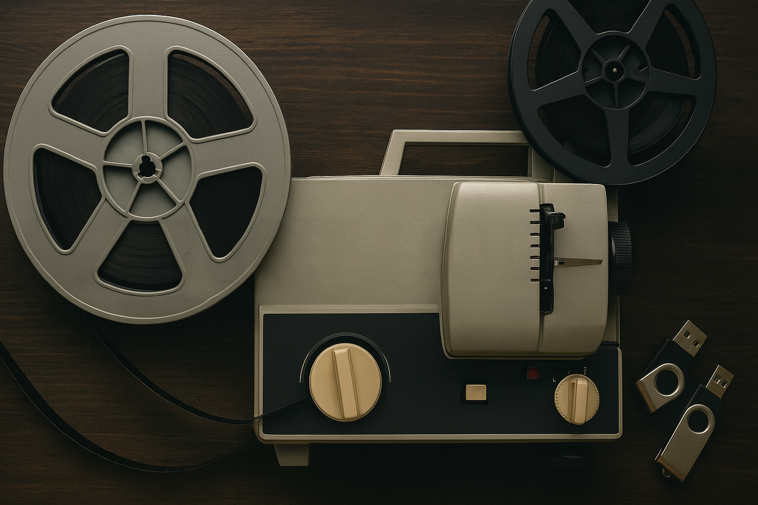 photographic physical products shop 5 Vintage film projector beside modern digital storage