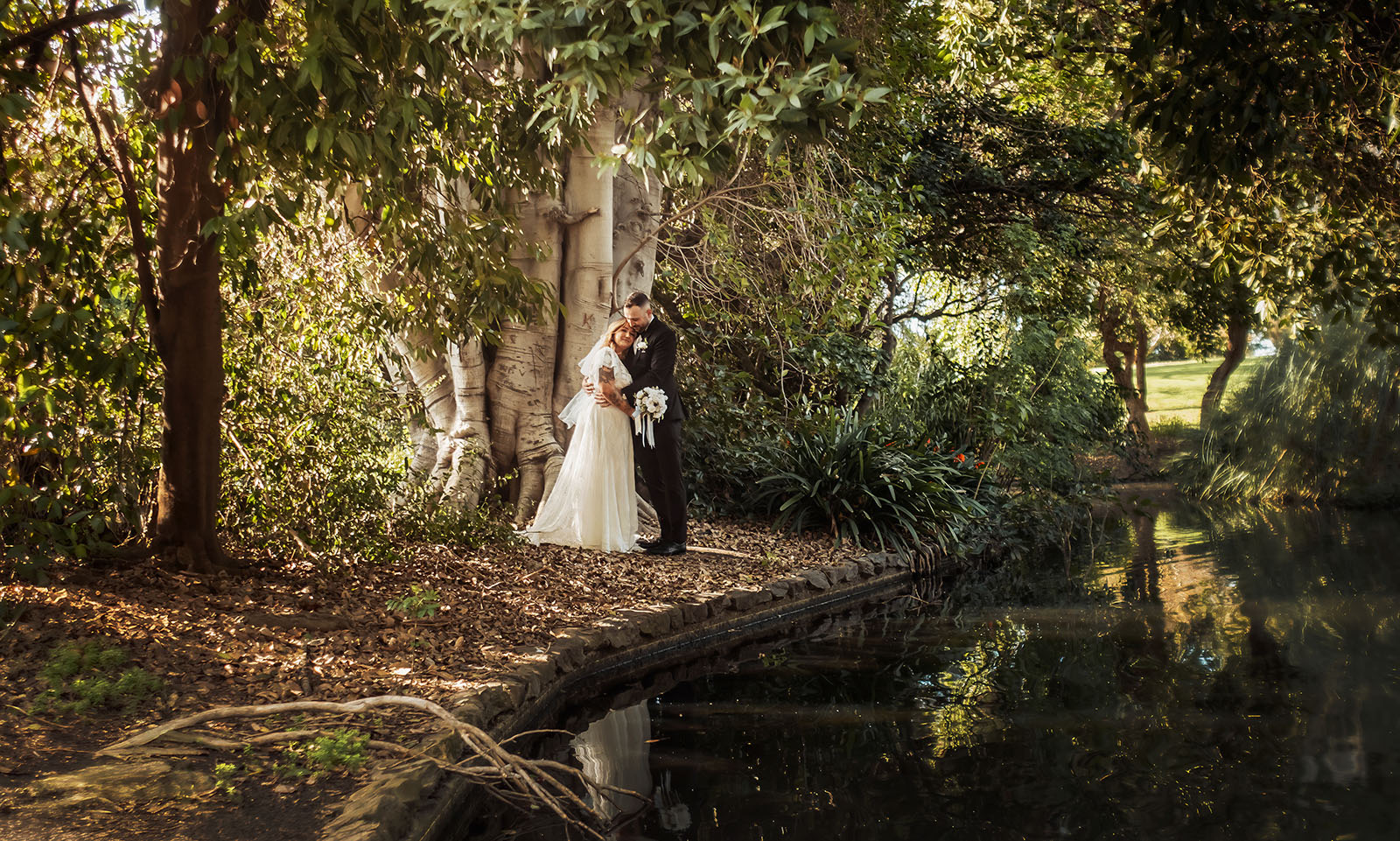 botanic gardens adelaide wedding - melanie & adrian 240 Newlyweds embrace under an ancient, sprawling tree, symbolizing timeless love and natural beauty.