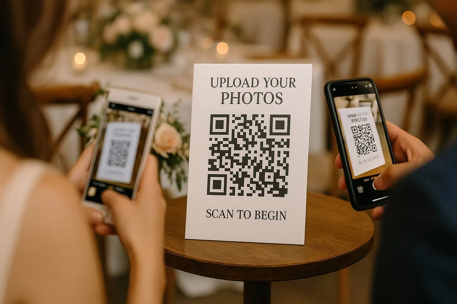 a comparison of qr code photo sharing options for weddings 3 Event participants scanning QR code to upload photos at a social gathering.