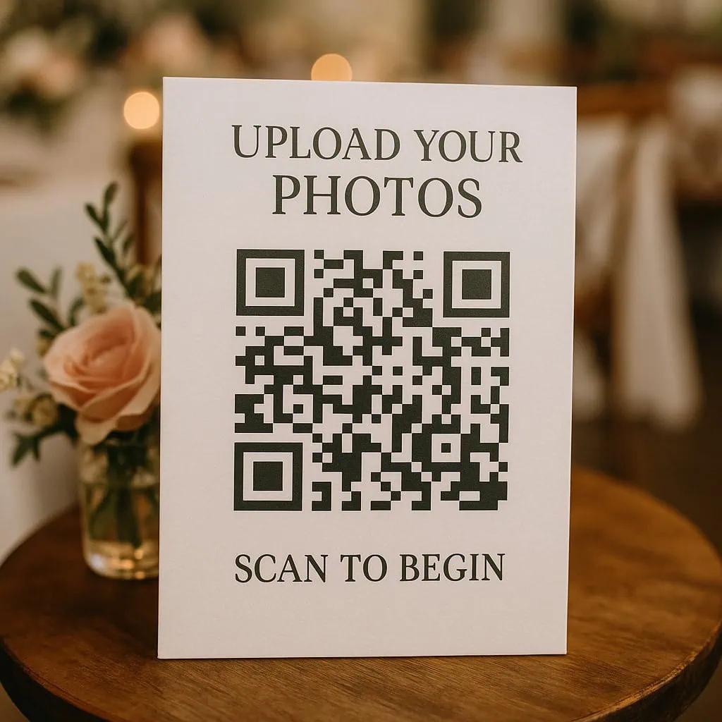 a comparison of qr code photo sharing options for weddings 2 Tabletop sign for photo uploads with QR code at a social event.