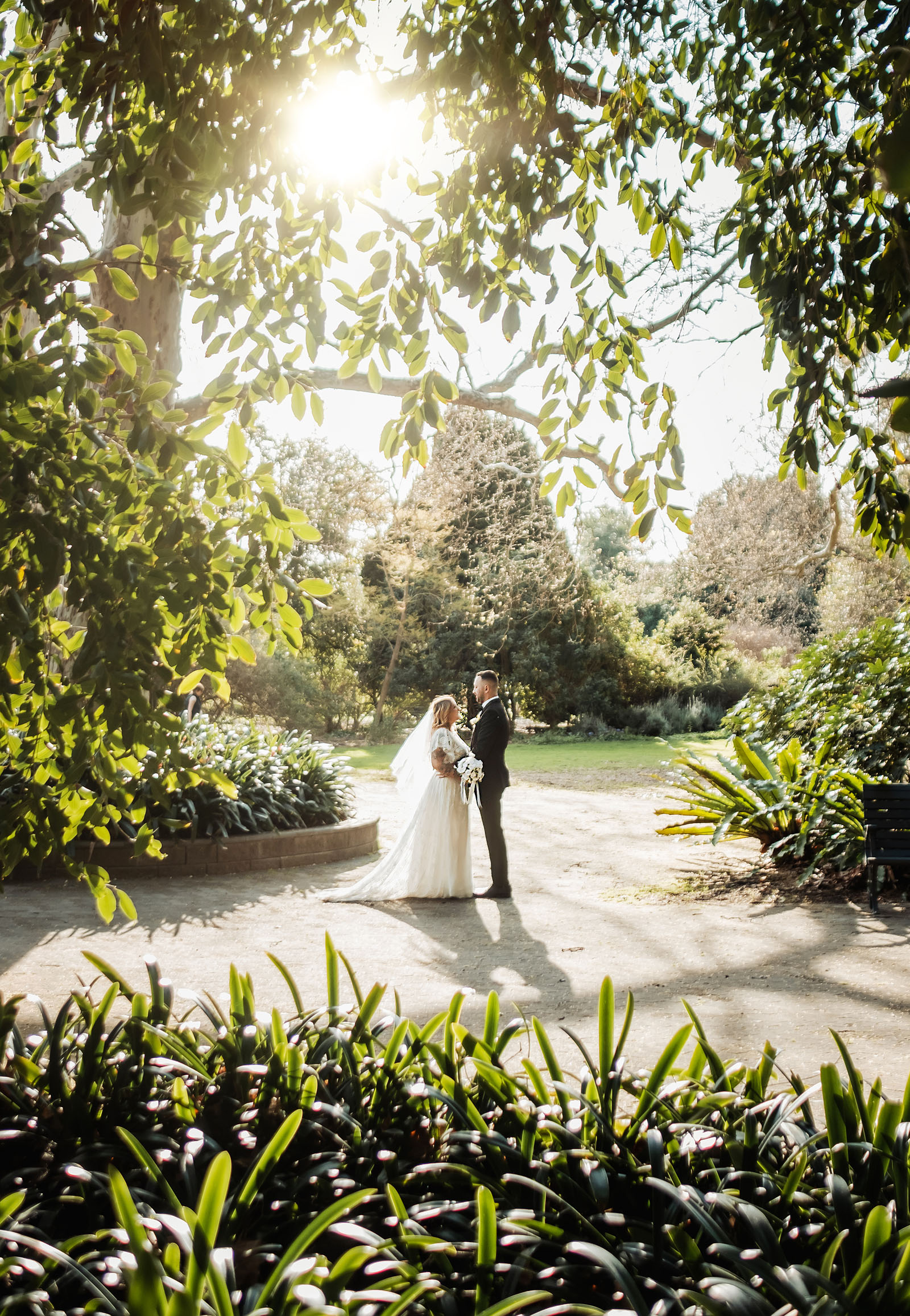 botanic gardens adelaide wedding - melanie & adrian 256 Enchanting garden wedding with elegant floral arch and guests celebrating.