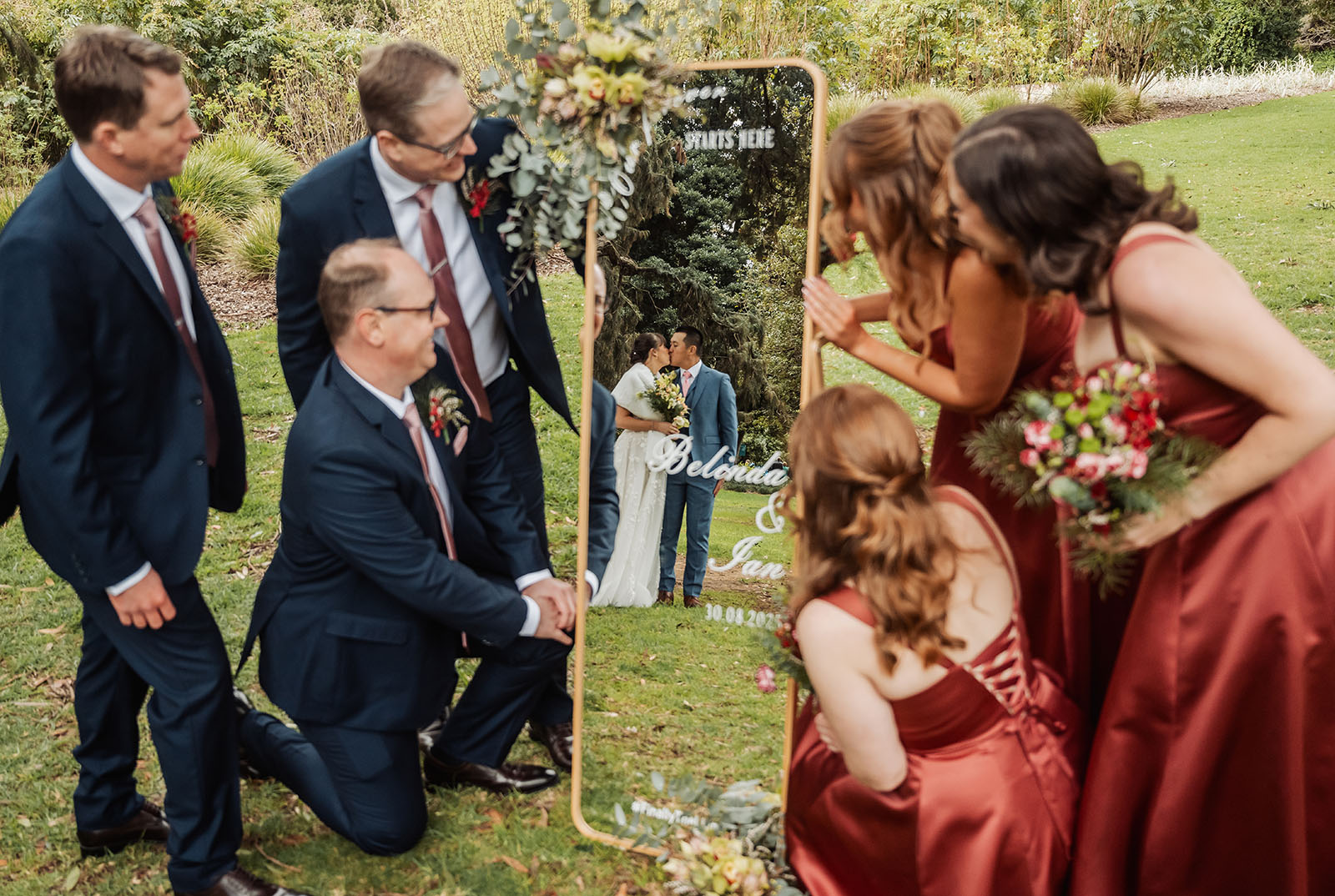 adelaide botanic gardens summerhouse wedding - belinda & ian 173 Bride and groom reflection in elegant mirror at wedding.