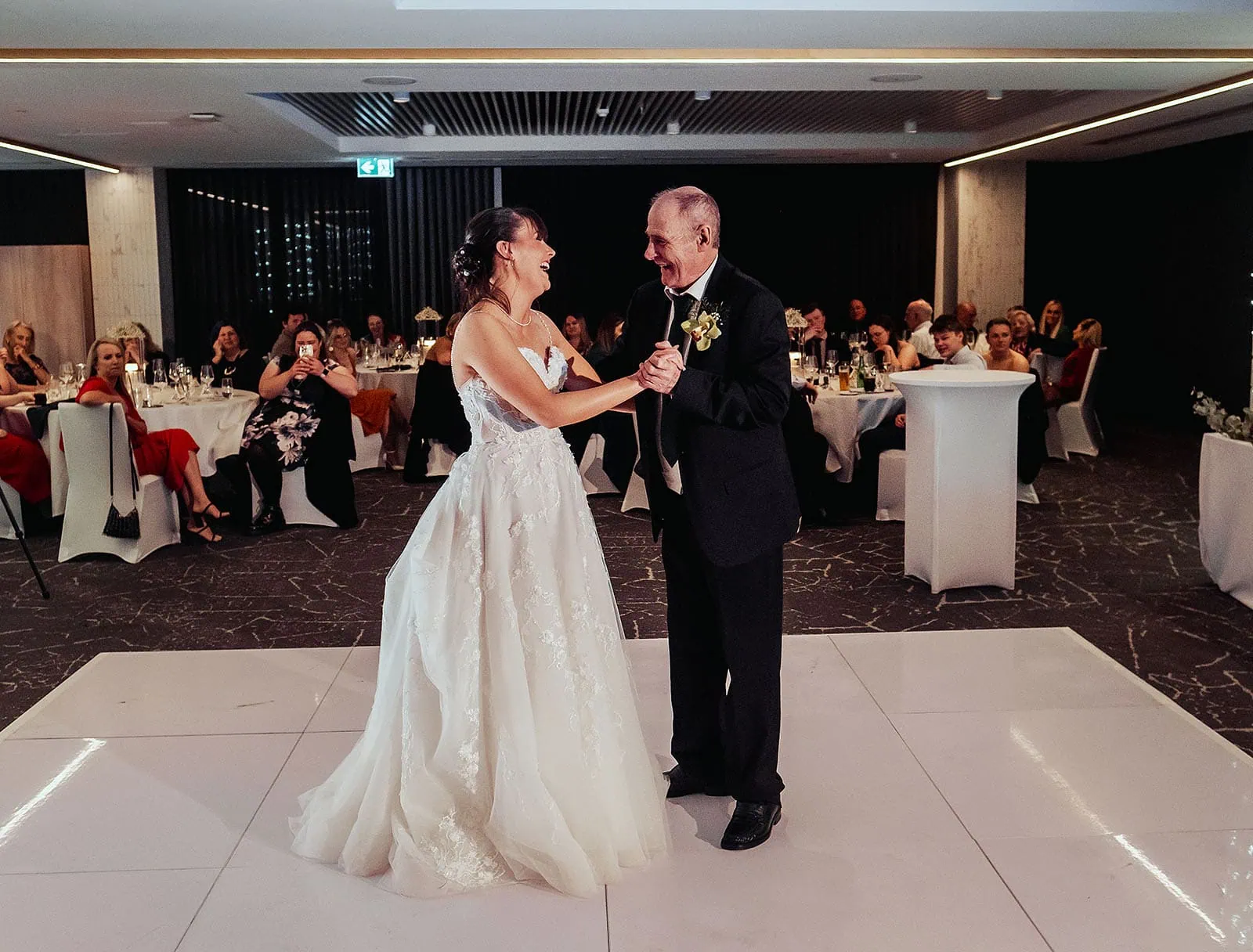 adelaide botanic gardens summerhouse wedding - belinda & ian 206 Bride and father dance at wedding reception, celebrating love and family.