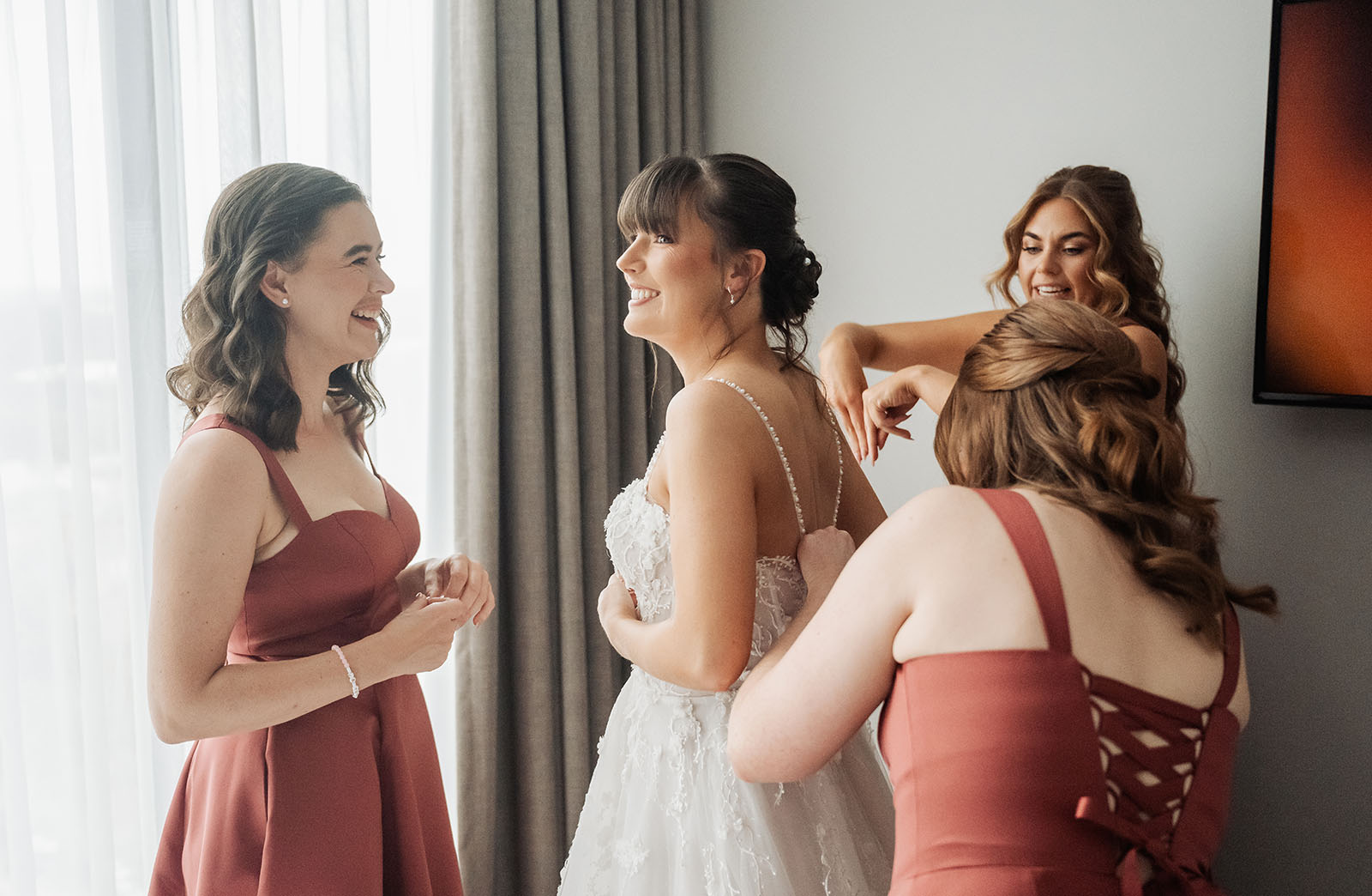 adelaide botanic gardens summerhouse wedding - belinda & ian 146 Bride getting ready with friends for wedding day celebration.