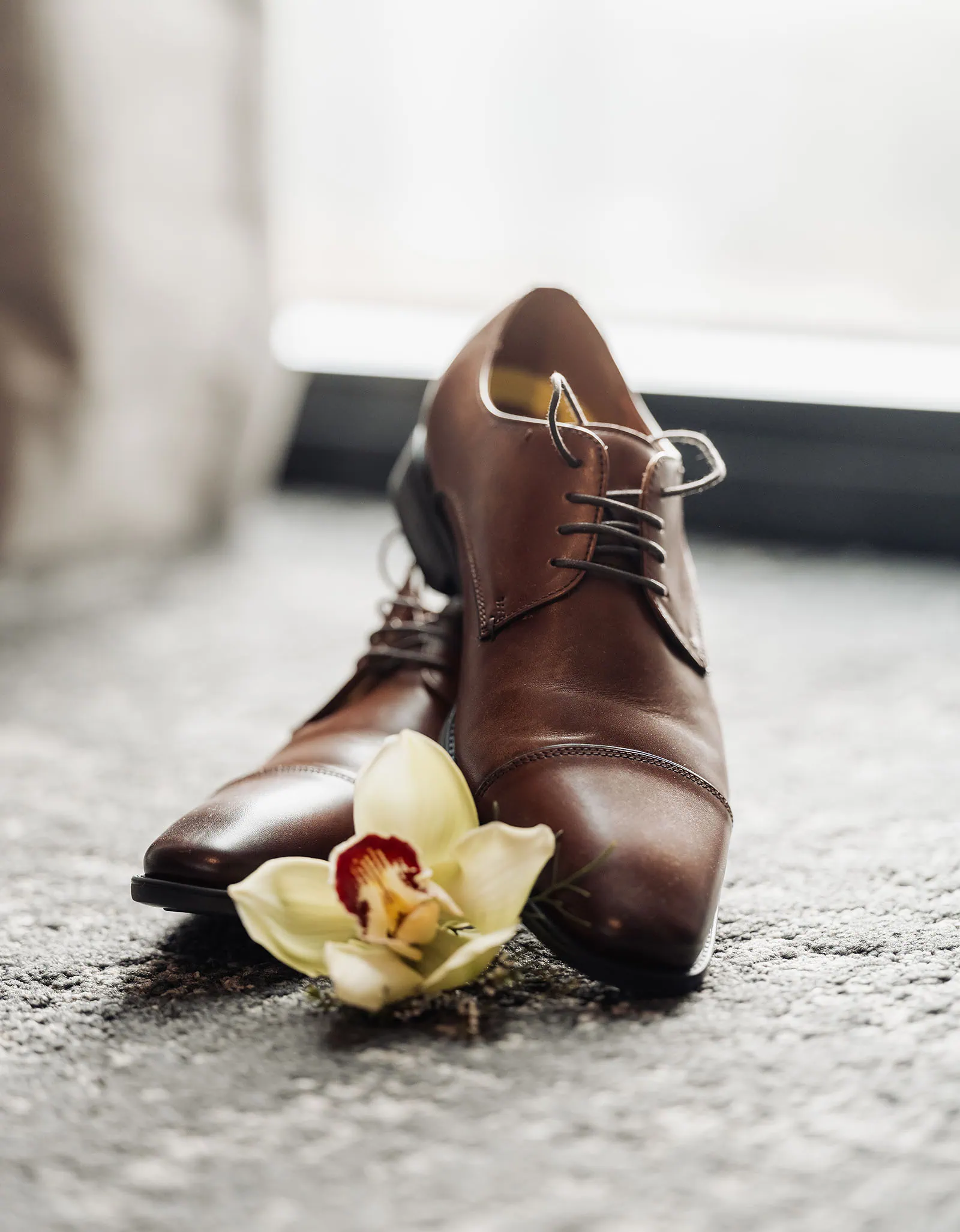 adelaide botanic gardens summerhouse wedding - belinda & ian 125 Brown leather dress shoes with polished shine and classic design.