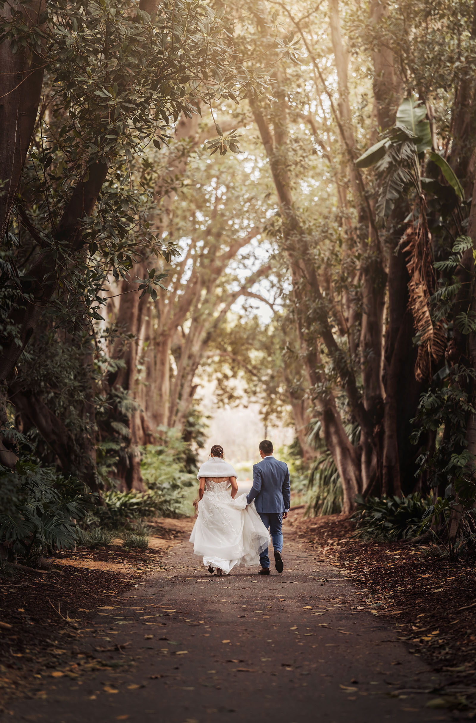 adelaide botanic gardens summerhouse wedding - belinda & ian 190 Bride and groom walk hand in hand through enchanting forest setting.