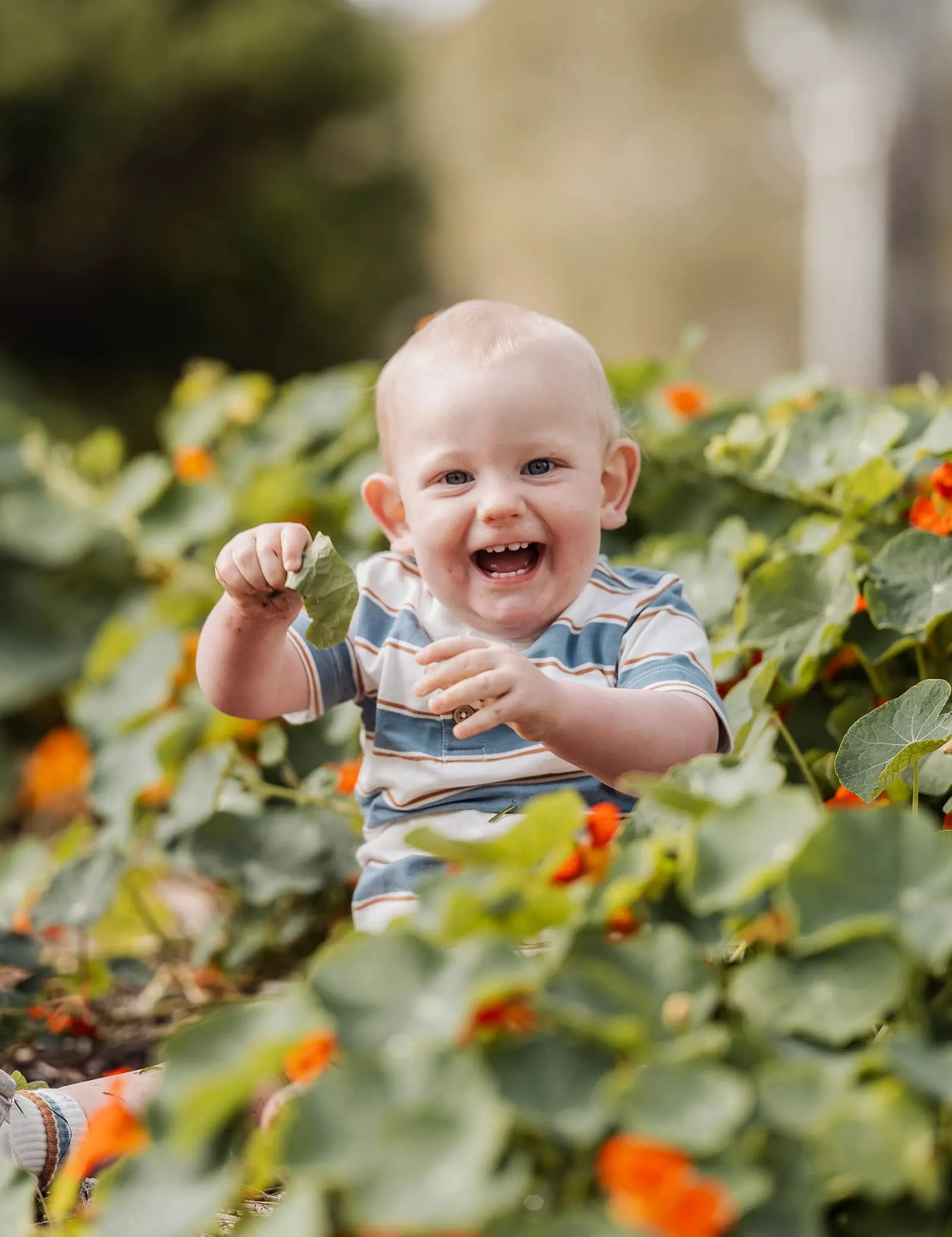 southern parklands family photography 37 Smiling baby sitting in a garden surrounded by flowers and greenery.