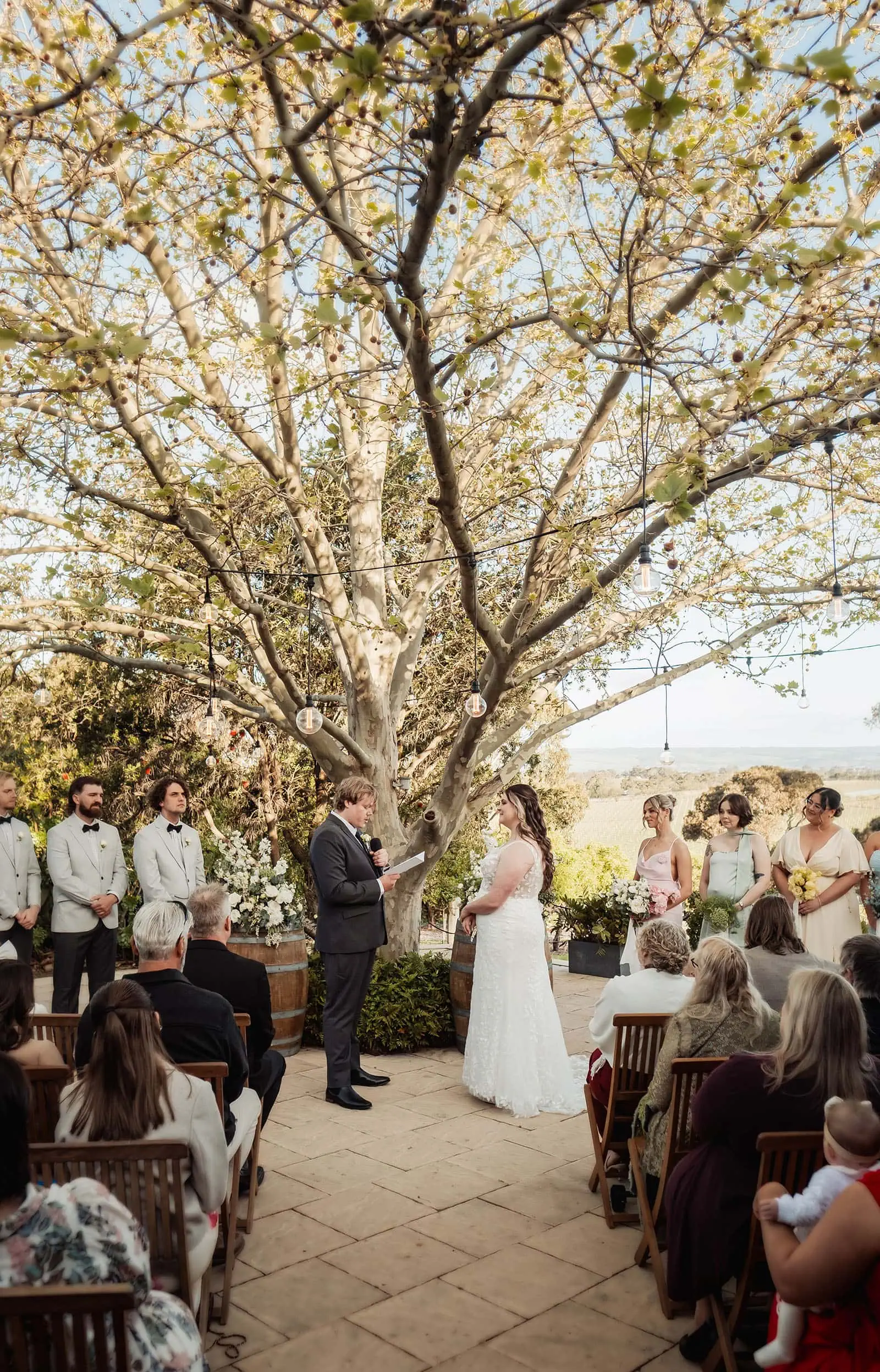 beach rd wines wedding - hana & jessie 65 Scenic outdoor wedding ceremony under a large tree with elegant decorations.