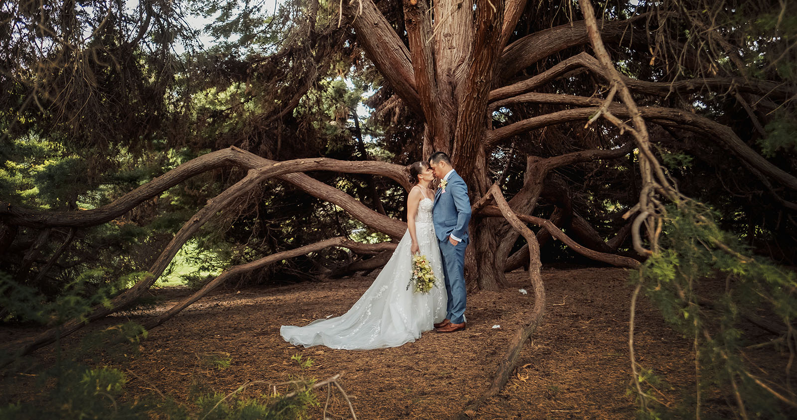 adelaide botanic gardens summerhouse wedding - belinda & ian 179 Bride and groom share a serene kiss in a romantic wedding moment.