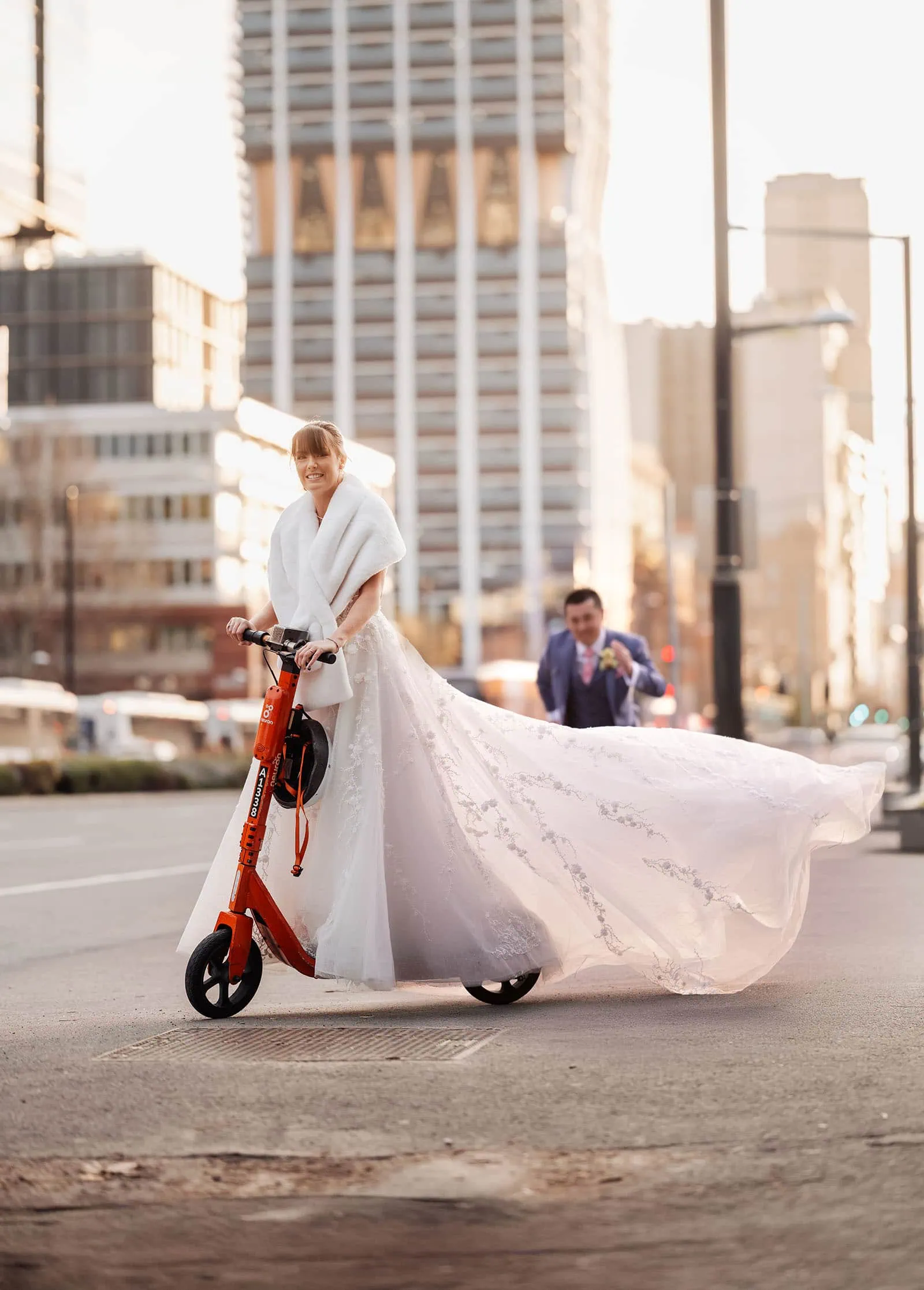 adelaide botanic gardens summerhouse wedding - belinda & ian 199 Bride and groom on scooter in city for stylish urban wedding adventure.