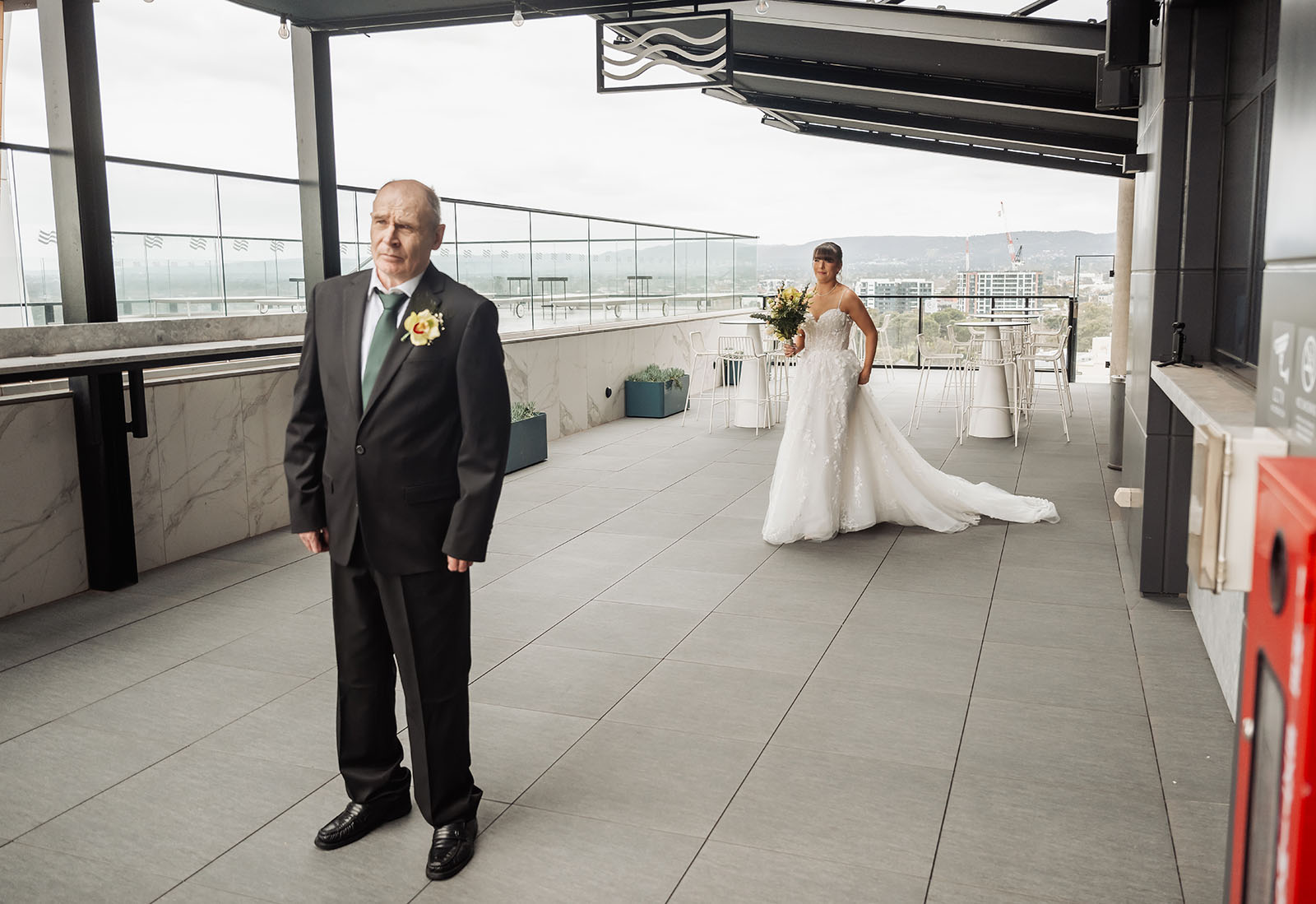 adelaide botanic gardens summerhouse wedding - belinda & ian 152 Bride and groom first look on balcony, wedding photography moment.