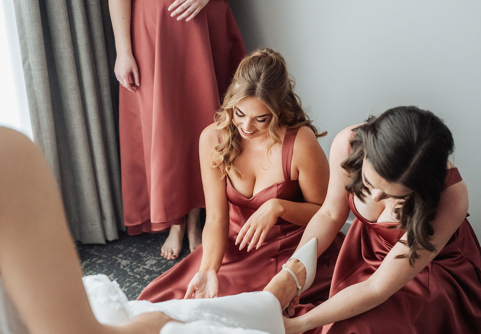 adelaide botanic gardens summerhouse wedding - belinda & ian 149 Bride getting ready for wedding, applying makeup, elegant gown in bridal suite.