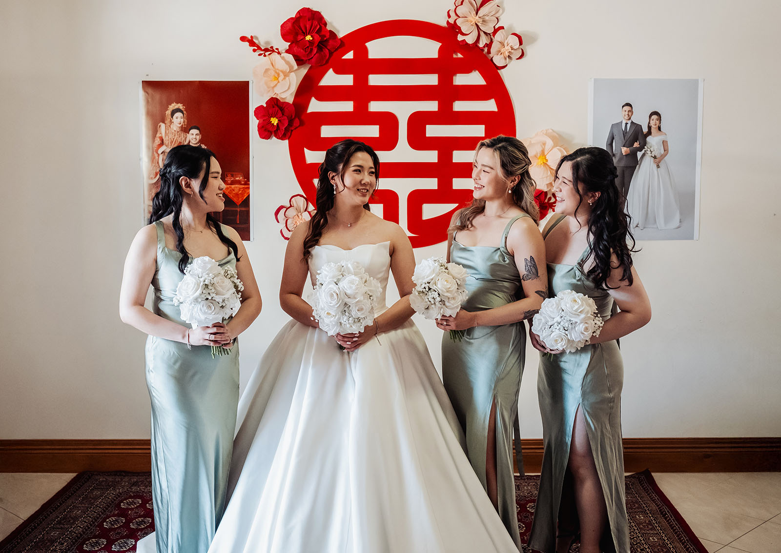 sunnybrae rose garden wedding - celina & anuj 15 Bride and bridesmaids celebrate wedding day with joy and smiles.