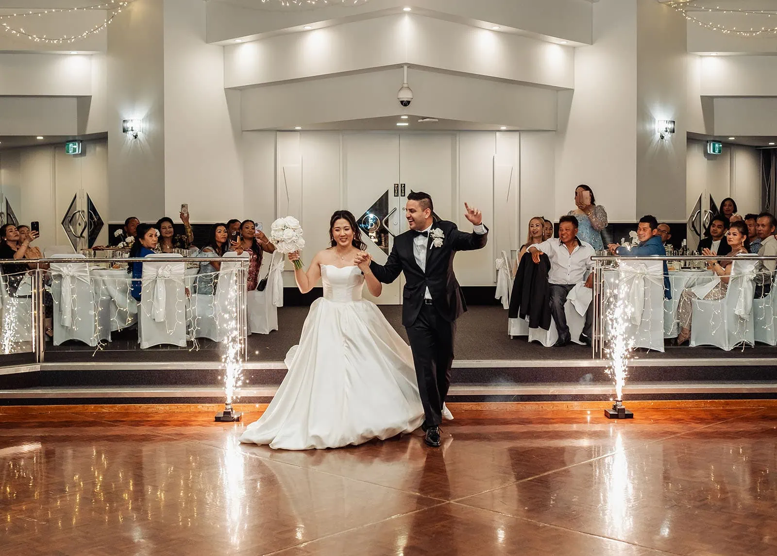 sunnybrae rose garden wedding - celina & anuj 74 Bride and groom entrance at elegant wedding ceremony.