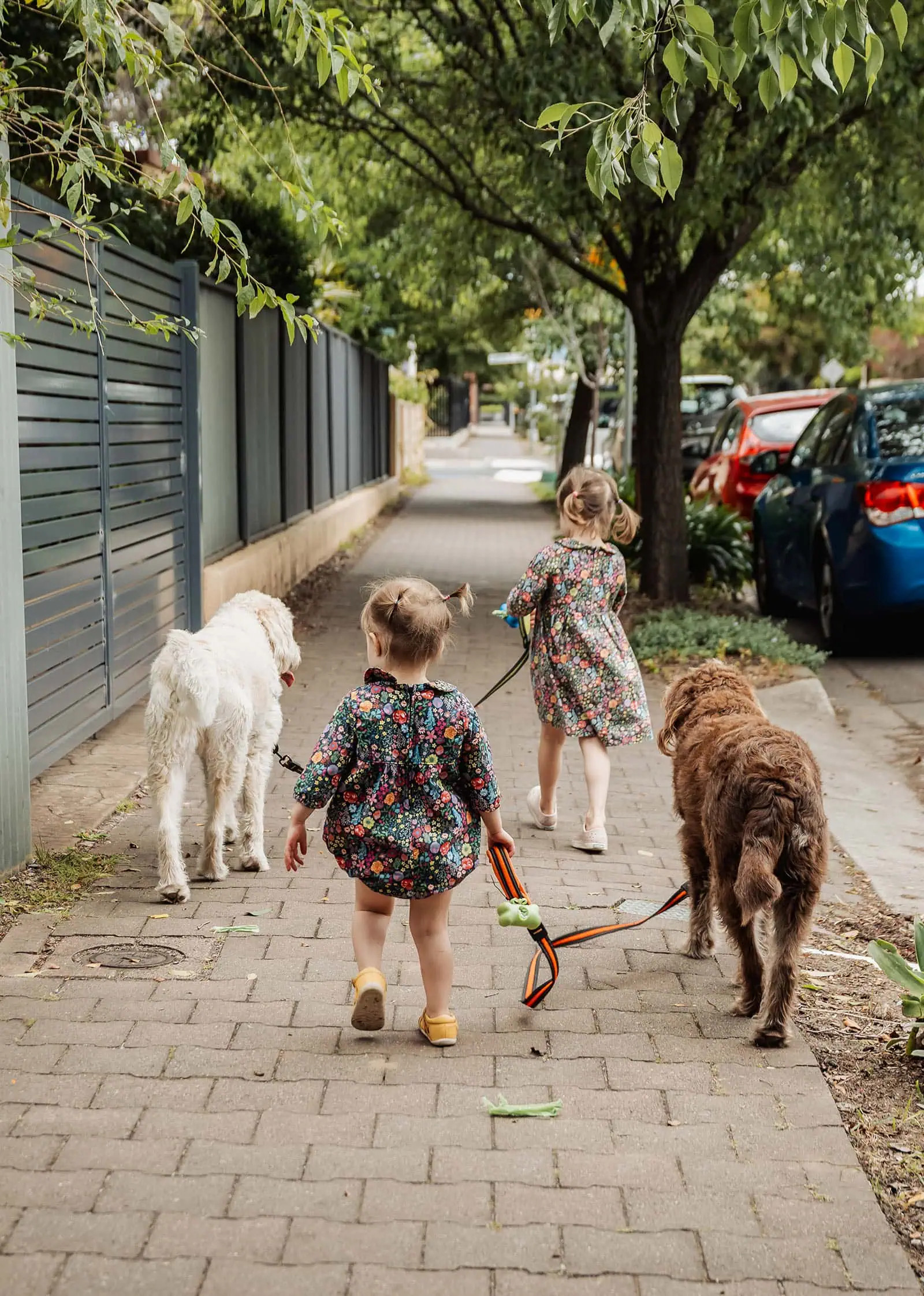 goodwood family photoshoot 116 Children walking a dog in a suburban neighborhood on a sunny day.