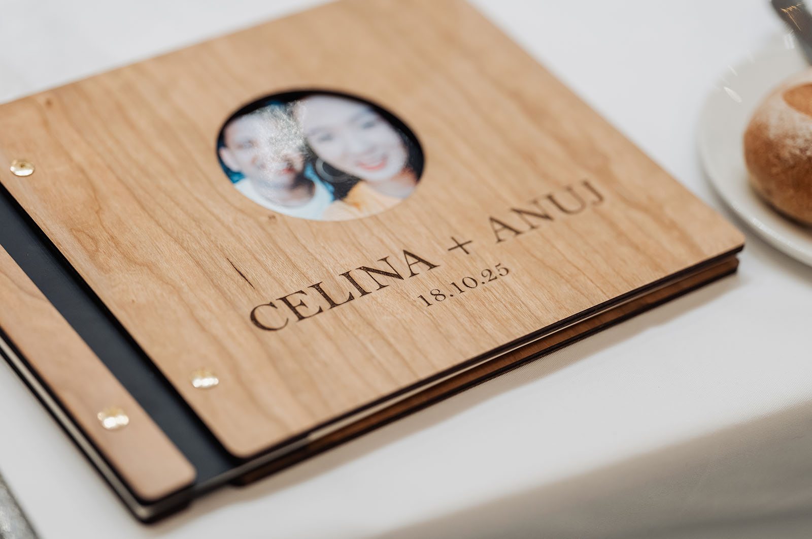 sunnybrae rose garden wedding - celina & anuj 69 Wooden photo album cover featuring a romantic couple, perfect for personalized keepsakes.