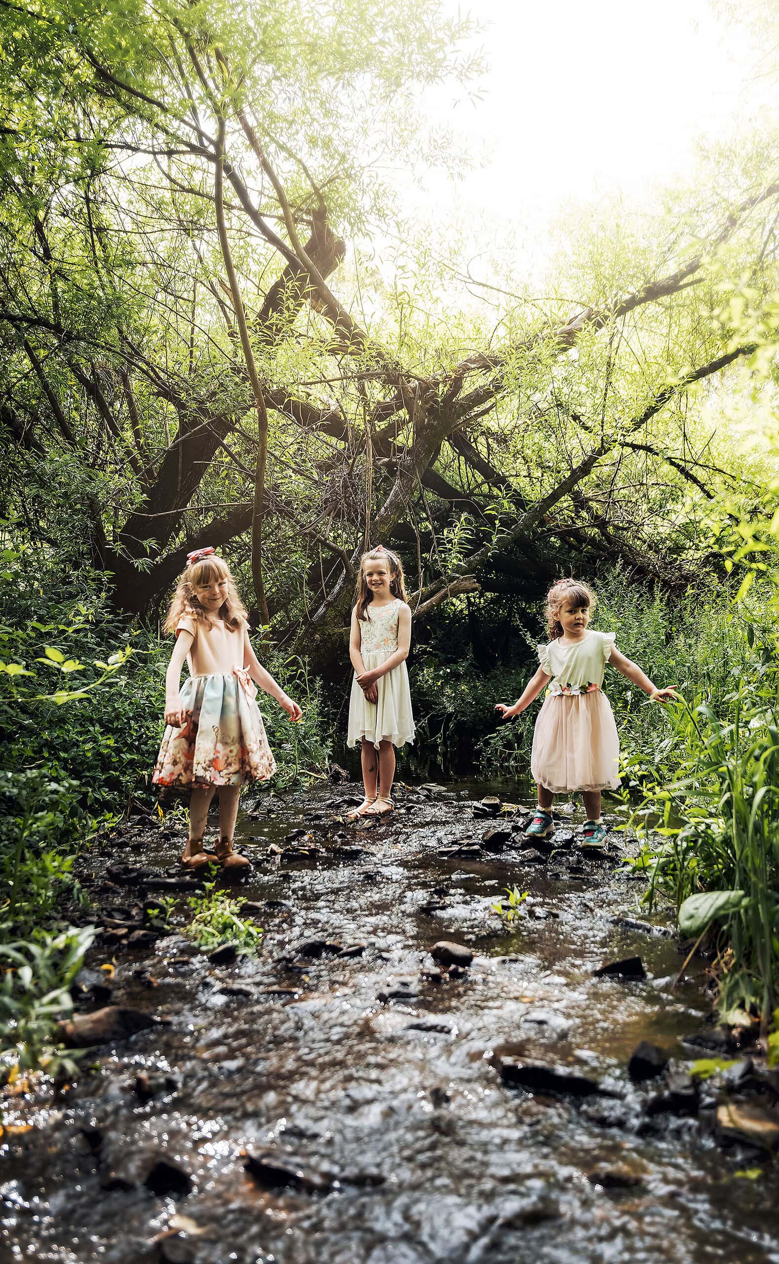 ironbank family photography 131 Children playing joyfully in a magical forest stream surrounded by lush greenery.