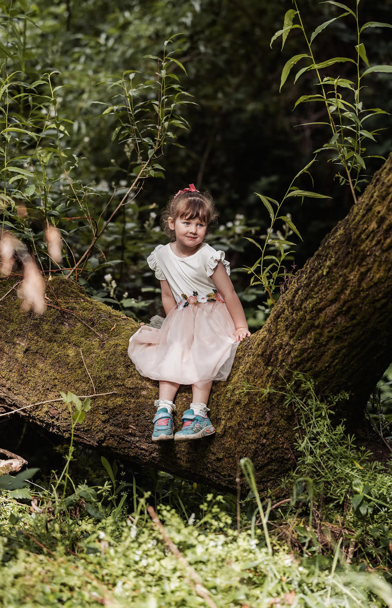 ironbank family photography 114 Young girl in fairy-tale dress on mossy tree trunk in lush forest.