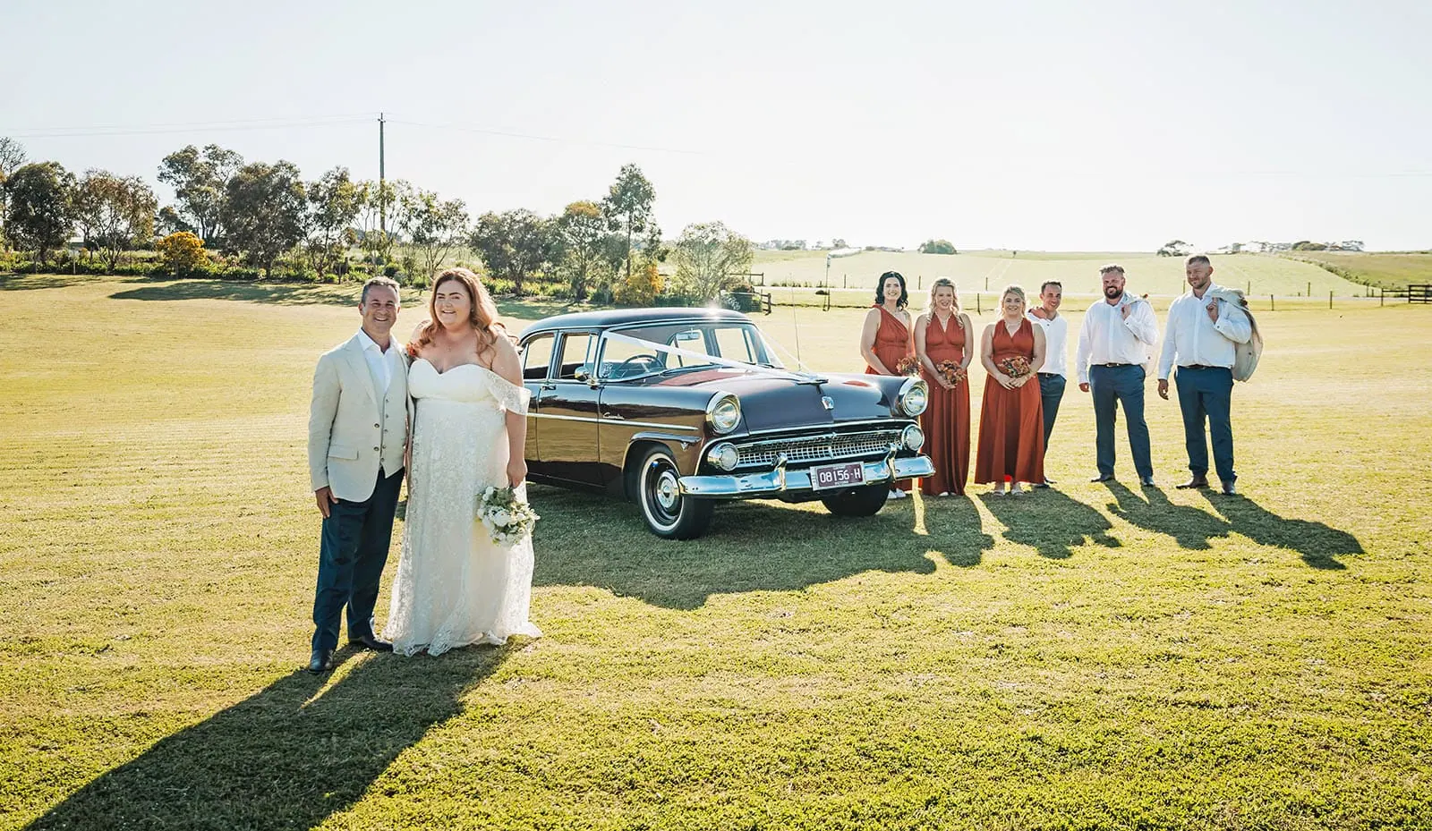 country victoria wedding in corrunnun – rachelle & anthony 349 Vintage car at romantic outdoor wedding ceremony setting.