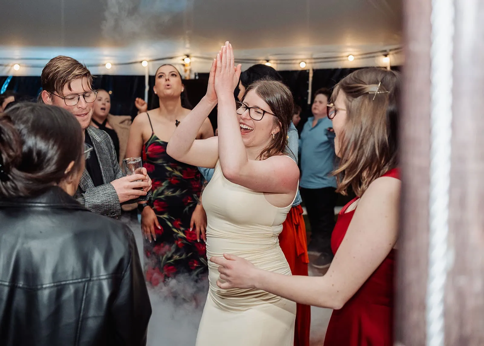 country victoria wedding in corrunnun – rachelle & anthony 375 Tent party celebration with lights, music, and dancing guests.