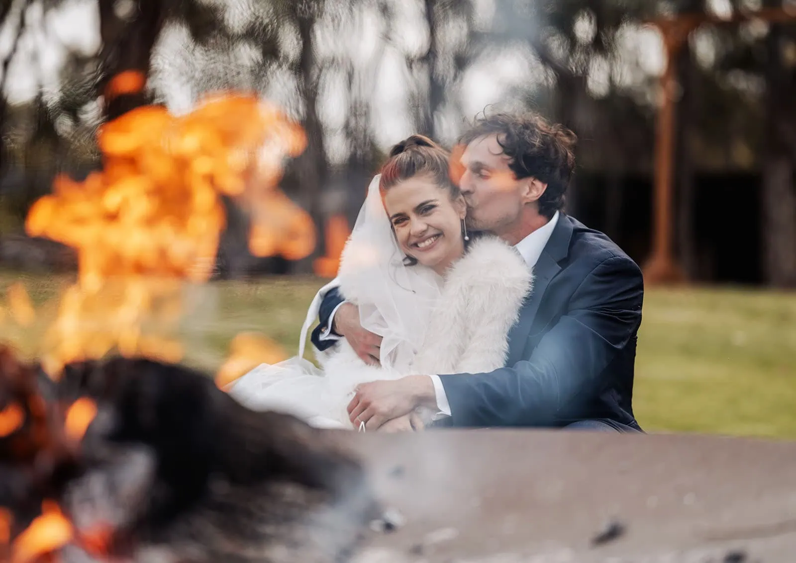 fleurieu cherries wedding - kimberley & richard 77 Romantic wedding couple embrace in beautiful natural setting.