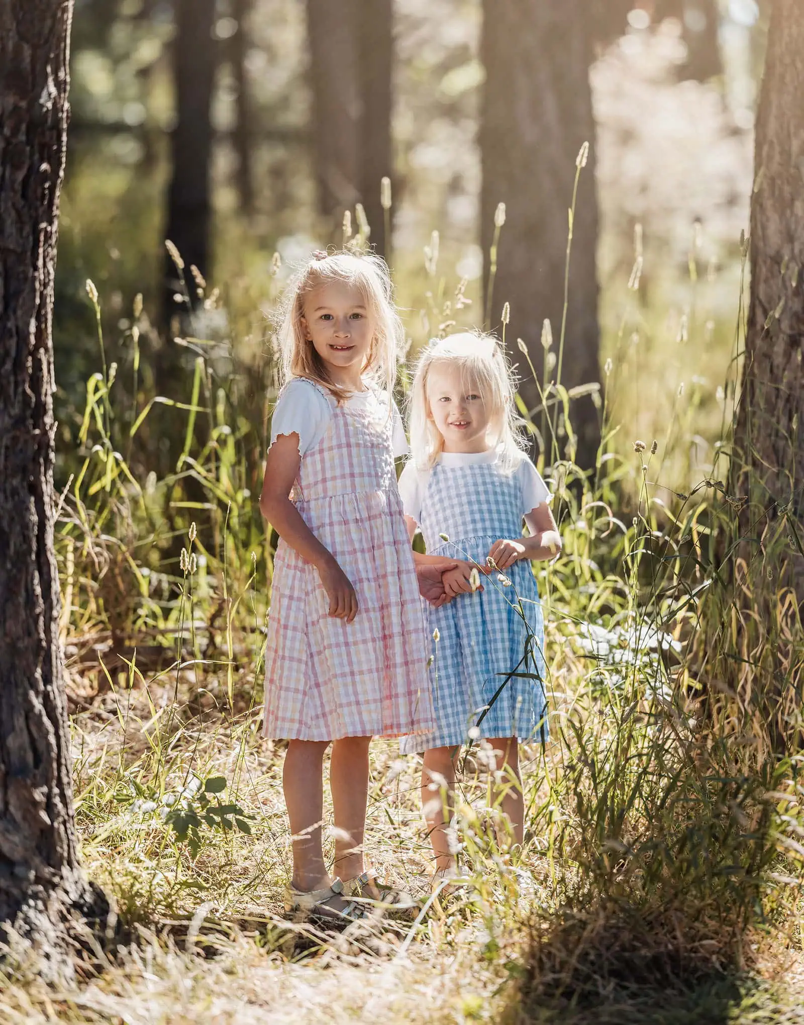 blackwood forest family photography 71 Two girls enjoying serene sunlight in a verdant forest, highlighting their bond and innocence.
