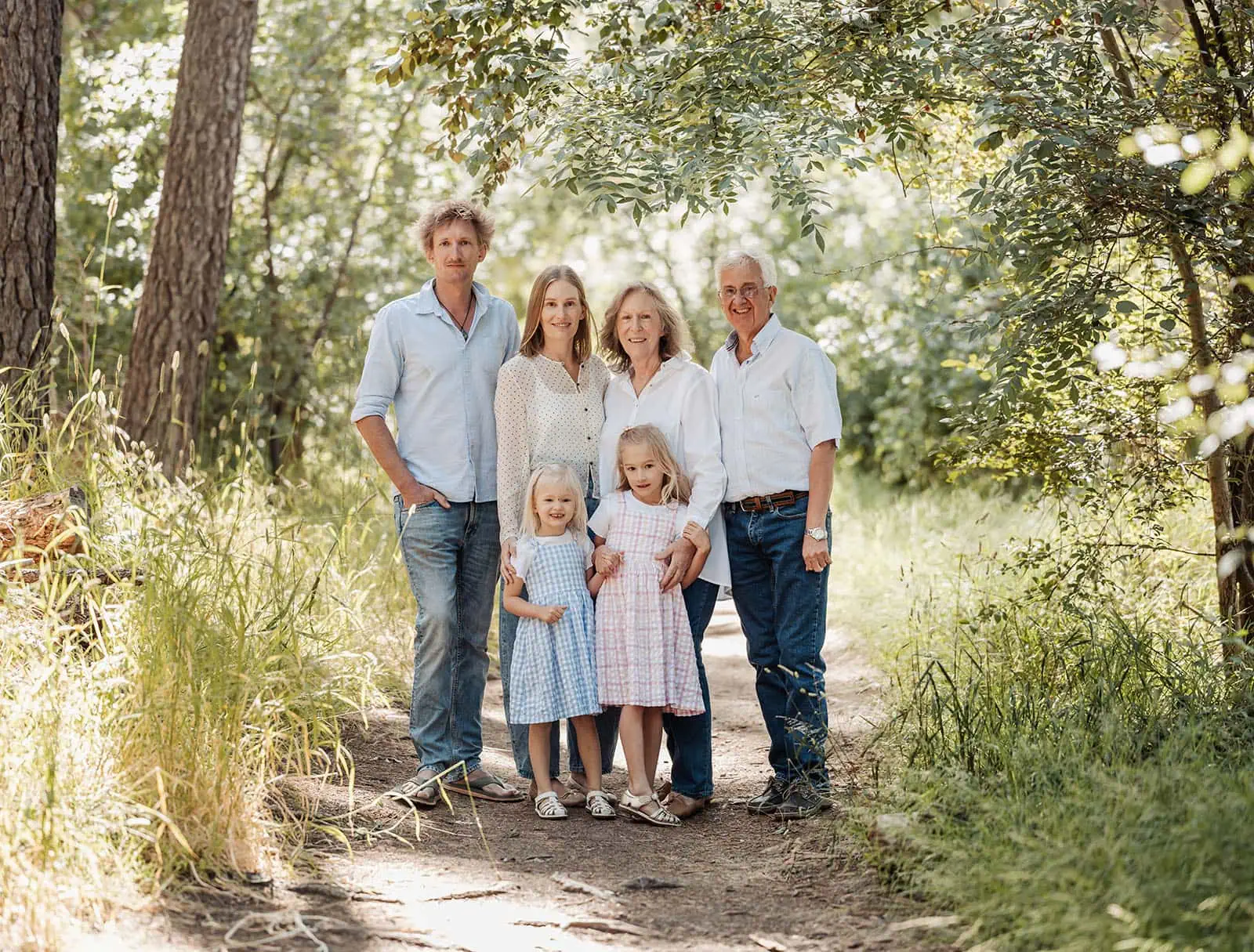 blackwood forest family photography 79 Family in coordinated clothes enjoying a sunny day in a lush forest setting.