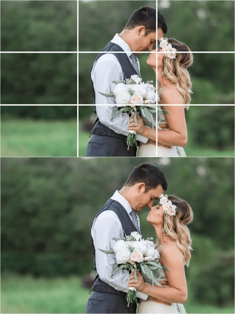 how to shoot great wedding photos as a guest on your iphone? 22 Romantic wedding couple in natural setting, close embrace, floral details, serene greenery background.