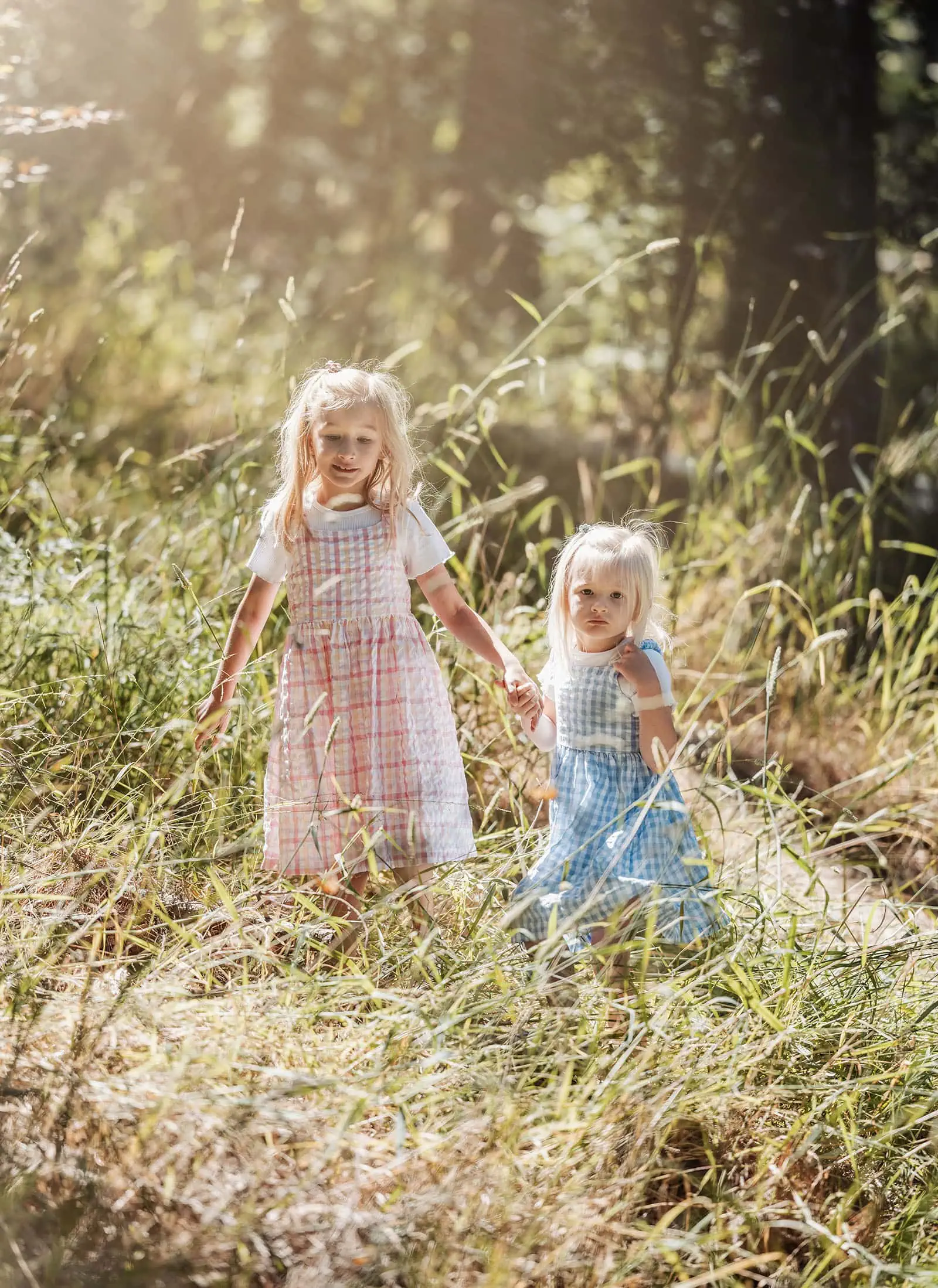 blackwood forest family photography 73 Two girls holding hands in sunlit field, surrounded by nature and greenery.