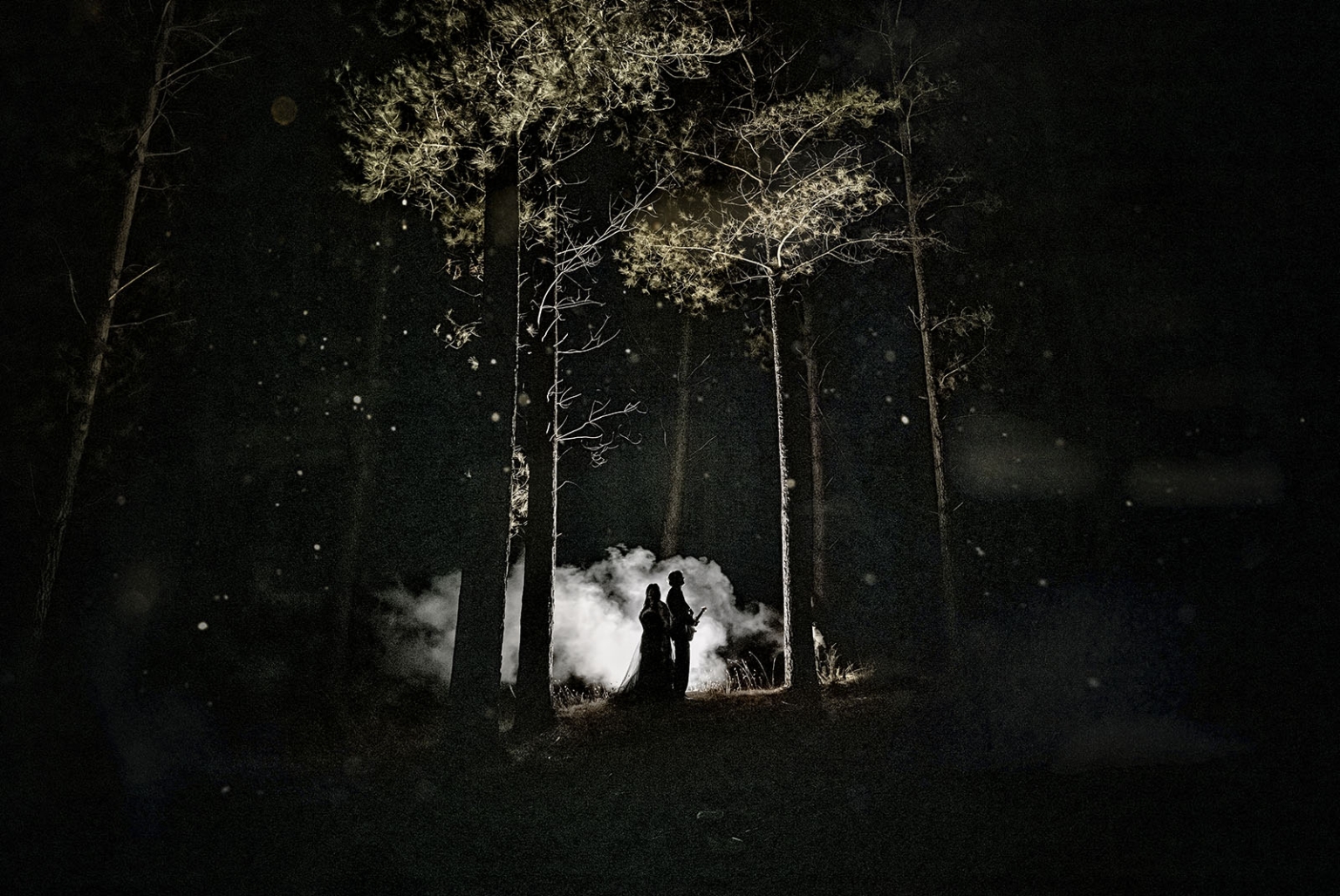 kuitpo forest metal themed wedding – erin & michael 40 Romantic couple silhouette in a dark misty forest at night.