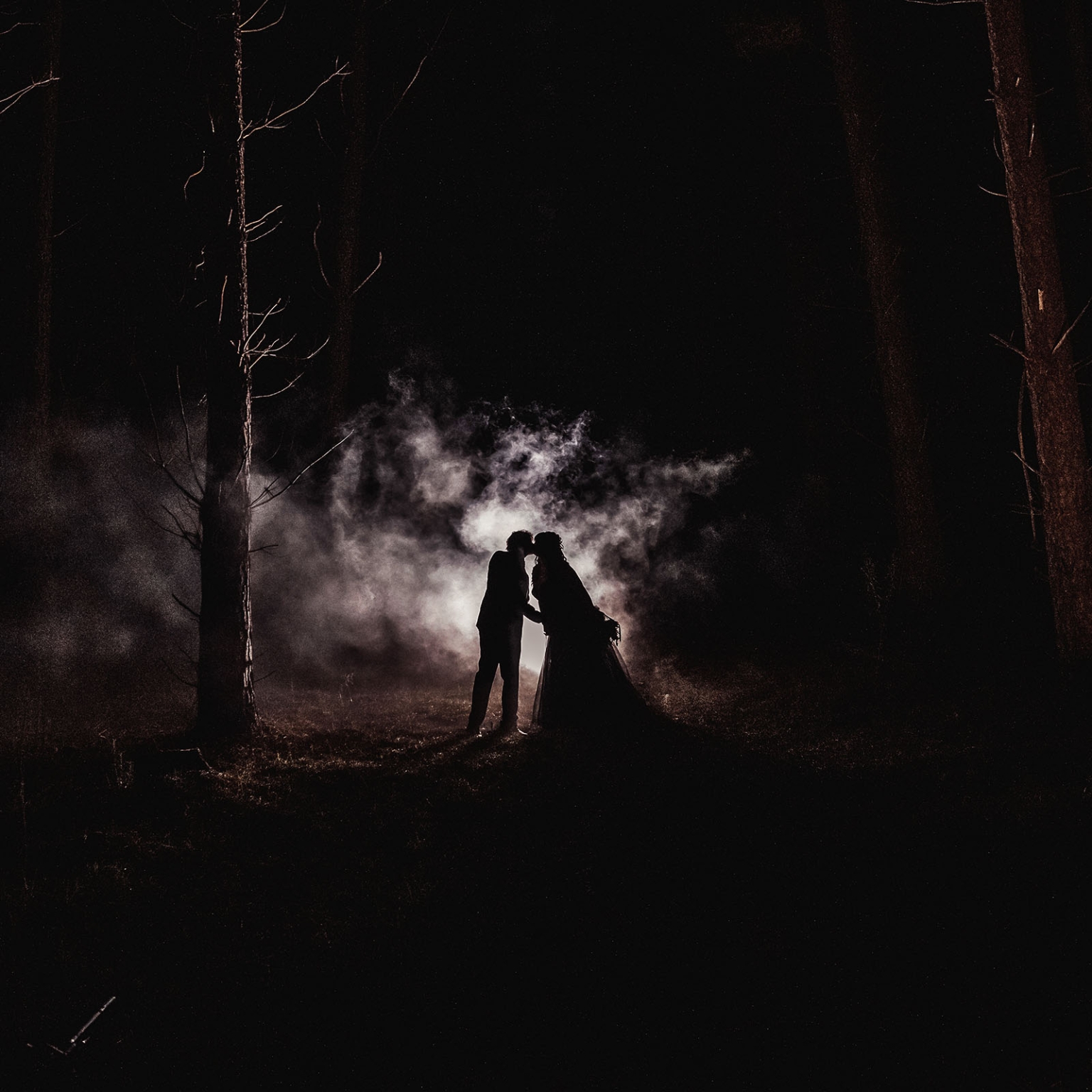 kuitpo forest metal themed wedding – erin & michael 38 Silhouetted wedding couple kissing in a dark foggy forest at night.