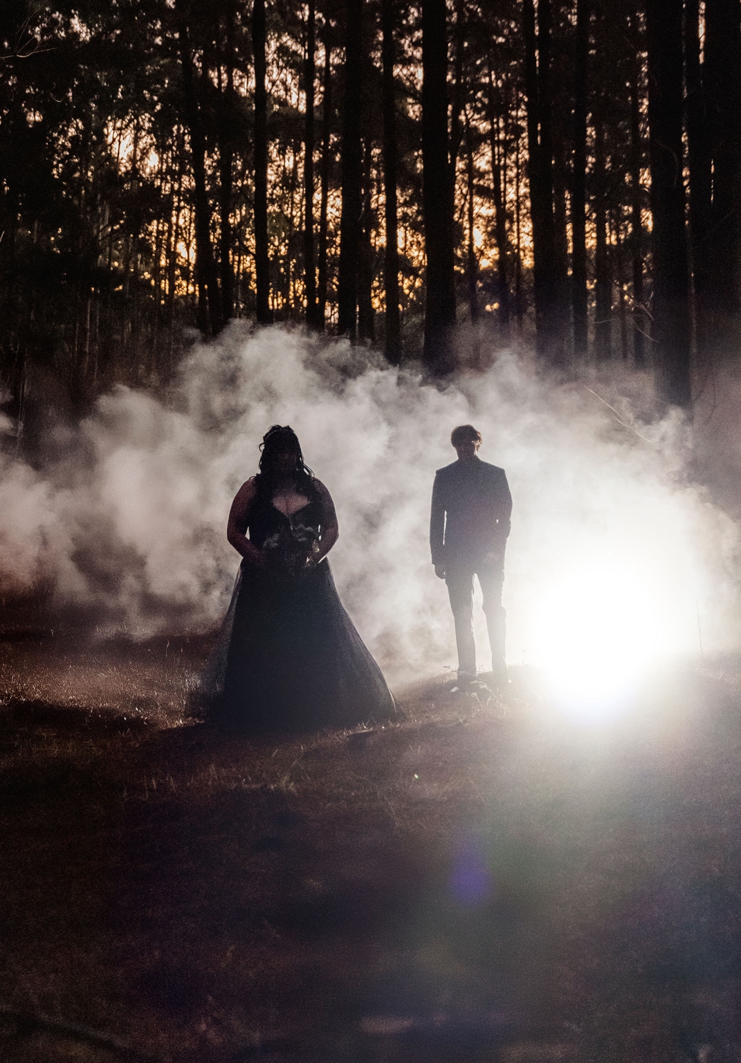 kuitpo forest metal themed wedding – erin & michael 31 Foggy forest wedding silhouettes in dramatic backlight at dusk.