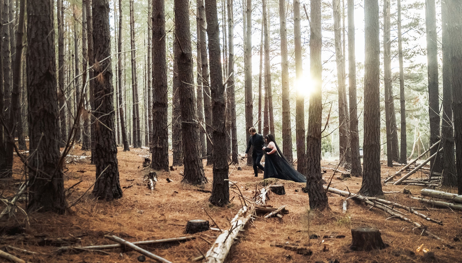 kuitpo forest metal themed wedding – erin & michael 20 Formal couple walks through sunlit pine forest with trailing black gown.