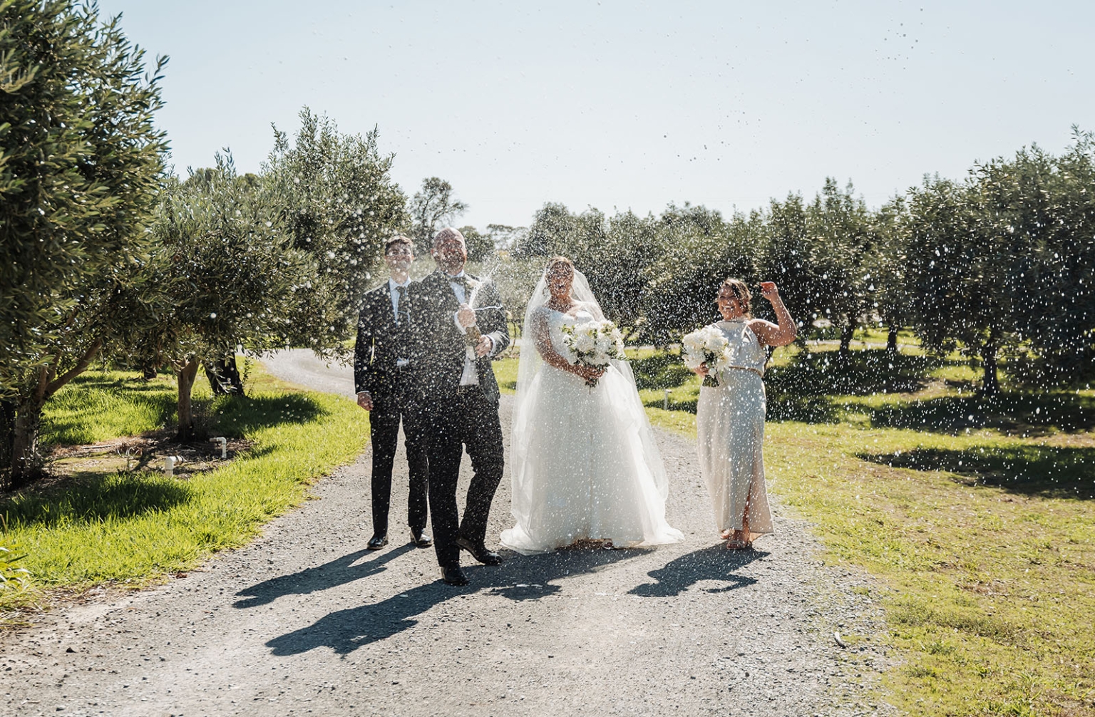 lloyd brothers wedding - dajana & tom 33 Joyful outdoor wedding celebration with bride, groom, champagne spray, and lush green background.
