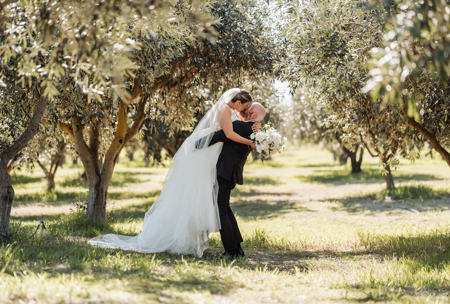 lloyd brothers wedding - dajana & tom 37 Romantic wedding couple in olive grove with bride in white gown and groom in black suit.