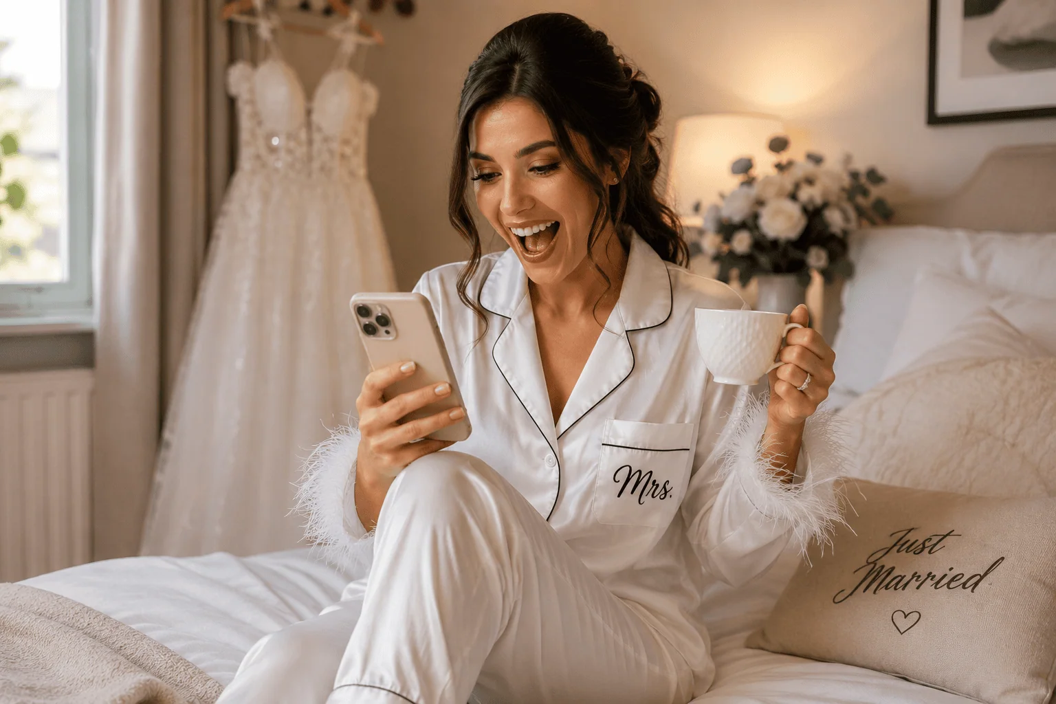 happlee qr | digital wedding guestbook, wishing well & photo sharing qr code 3 Bride in Mrs. satin pajamas using Happlee QR on wedding morning.