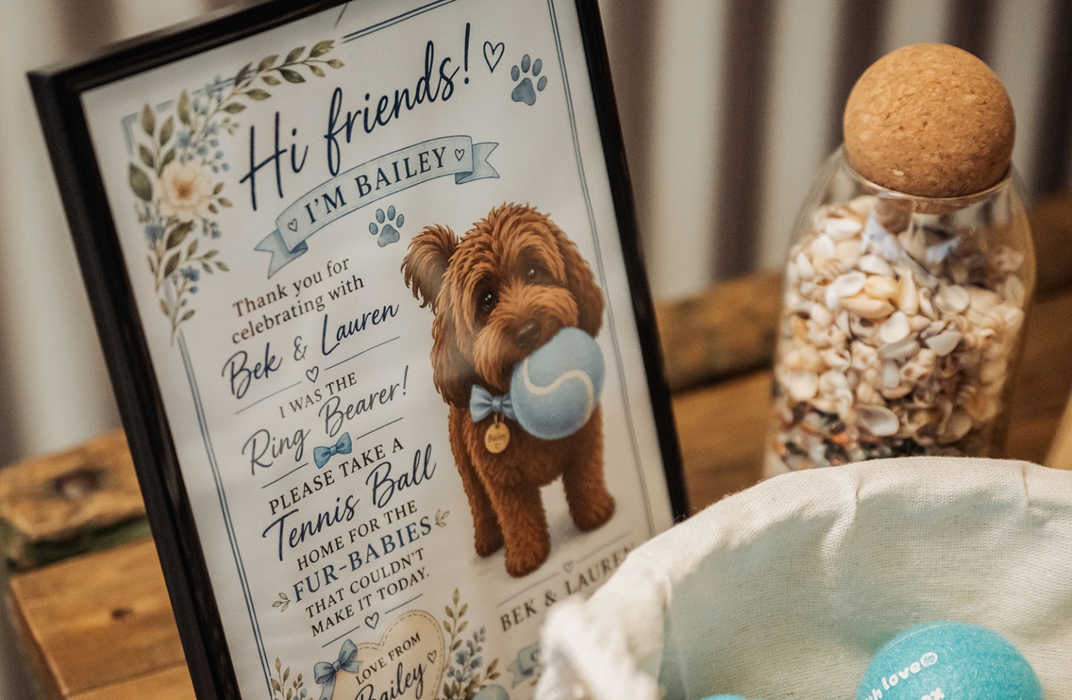 tiny house on the prairie wedding - lauren & bek 59 Dog wedding favor sign with blue tennis balls for pet-loving guests.
